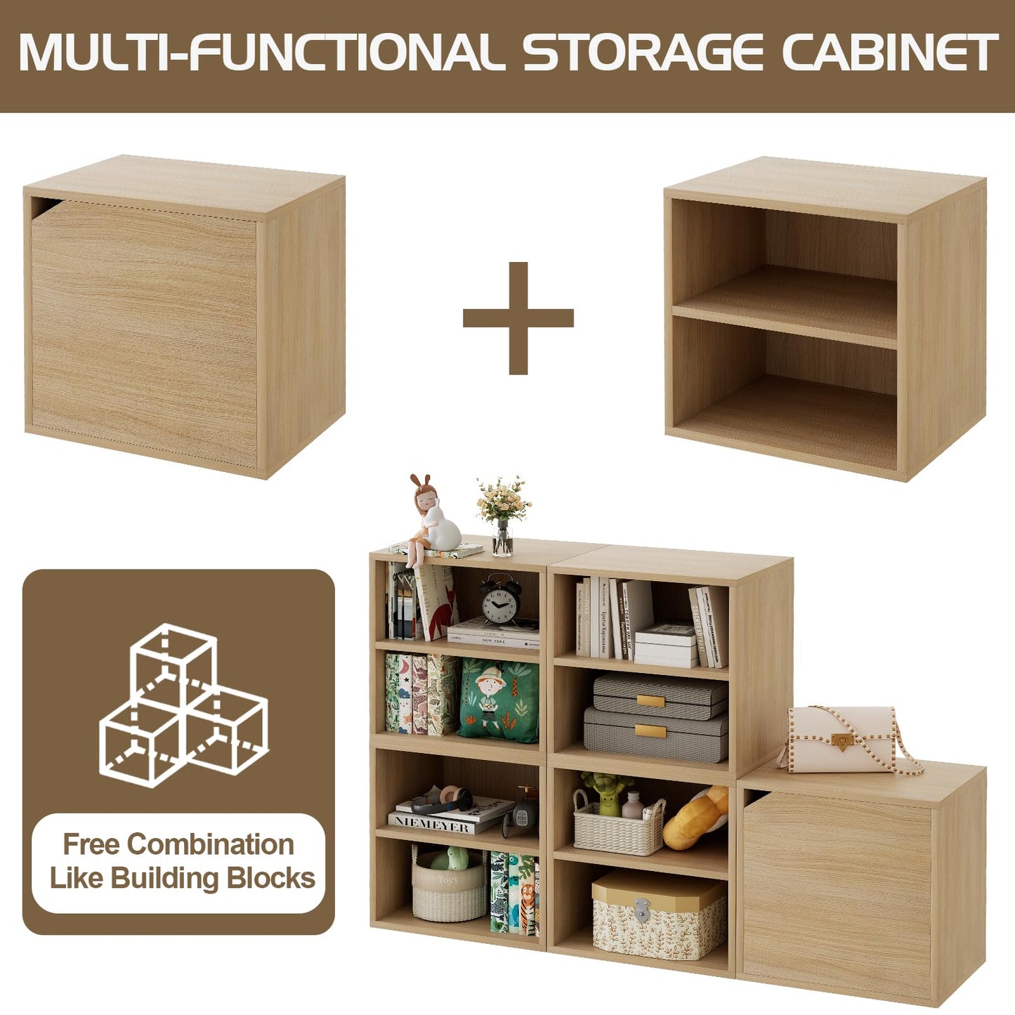 Garden 4 you Cube Storage Organizer Shelf, 2 Tiers Stackable Bookshelf, Wooden Display Bookcase with 2 Cube Storage, Small Storage Cabinet for Living Room Bedroom, Natural