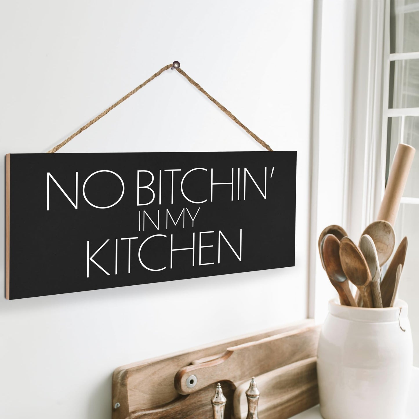 JennyGems Funny Kitchen Signs No Bitchin In My Kitchen - Modern Farmhouse Wall Art & Décor - Hanging Wooden Sign, Made in USA