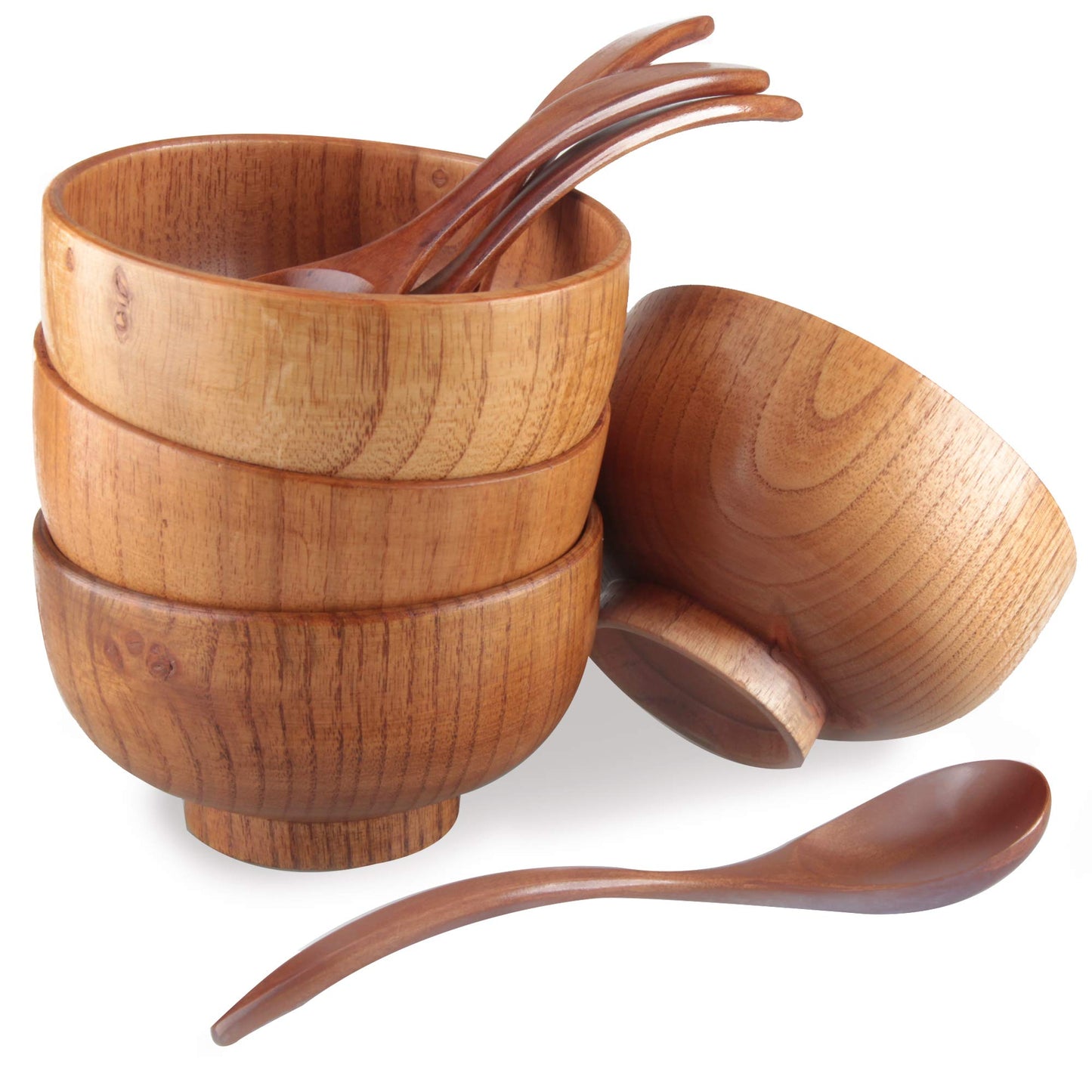 Originalidad Handmade Wood Bowls,Jujube Wooden Japanese Bowl with Matching Spoon for Rice, Soup,Dip,Salad,Tea,Decoration 4 Sets(4 Bowls 4.2 IN + 4 Spoons)