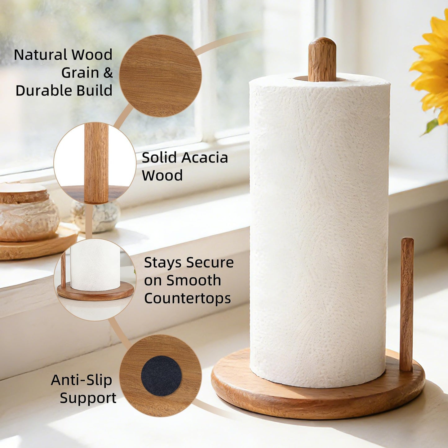 Jumbo Acacia Wood Paper Towel Holder – Large 8.27" Diameter Non-Slip Base, Countertop Wooden Paper Towel Holder for Kitchen, Dining, Coffee Bar, Thick & Stable, Easy Assembly, Natural Wood Finish