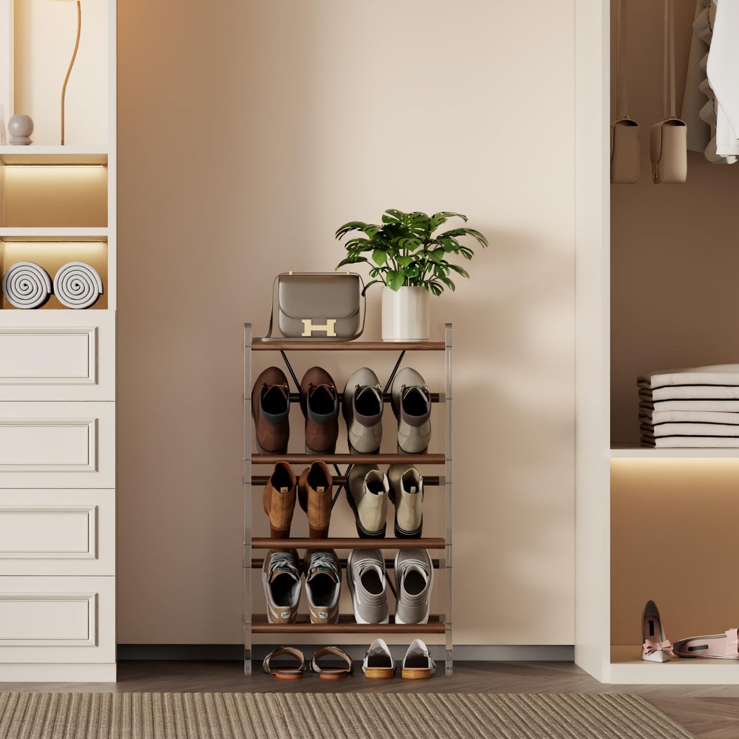 YQJJGL Shoe Rack, 4-Tier Slanted Shoe Shelf with Wooden Top Panel, Solid Wood and Acrylic Shoe Organizer Rack, Shoe Storage Rack Ideal for Entryway, Bedroom, Closet and Living Room (Walnut 19.5" W)
