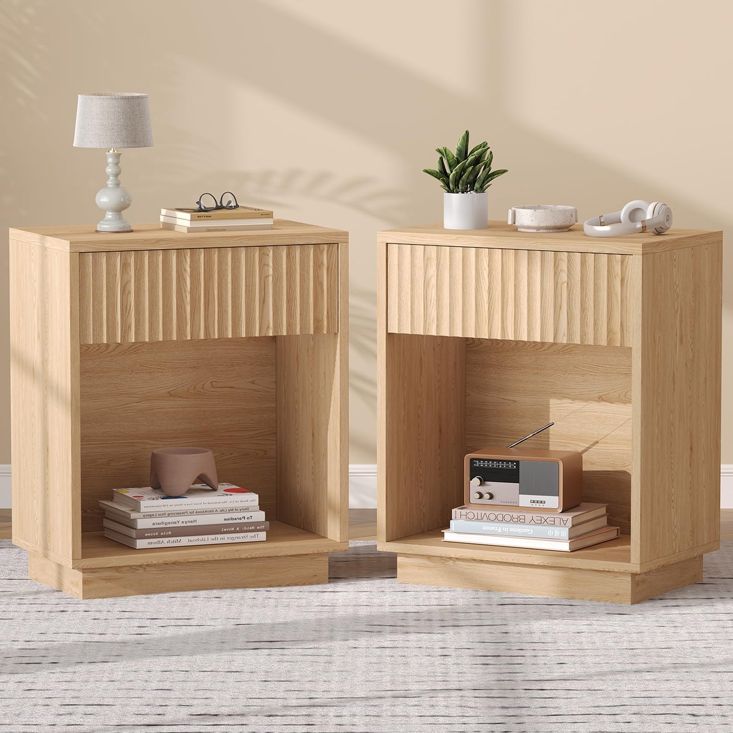 Zeibospri Fluted Nightstands Set of 2, Modern Mid Century Night Stand with Drawer and Open Shelf, Wooden Bedside End Side Table for Bedroom, Hallway, 11.8" D x 18.9" W x 23.6" H, Natural Oak