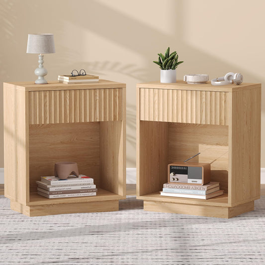 Zeibospri Fluted Nightstands Set of 2, Modern Mid Century Night Stand with Drawer and Open Shelf, Wooden Bedside End Side Table for Bedroom, Hallway, 11.8" D x 18.9" W x 23.6" H, Natural Oak