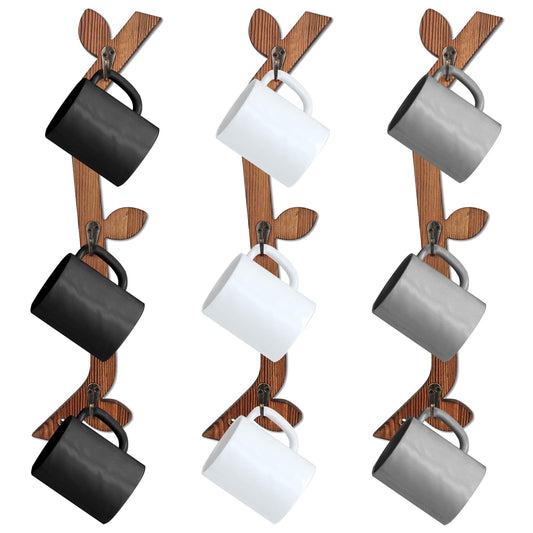 MSHUNKEJI 3 Pack Wood Coffee Mug Wall Rack with 9 Hooks Wall Mount Coffee Cup Holder Wooden Espresso Cup Holder Tree Brown Mug Stand Display Wall Mounted Cup Drying Rack for Kitchen Cafe