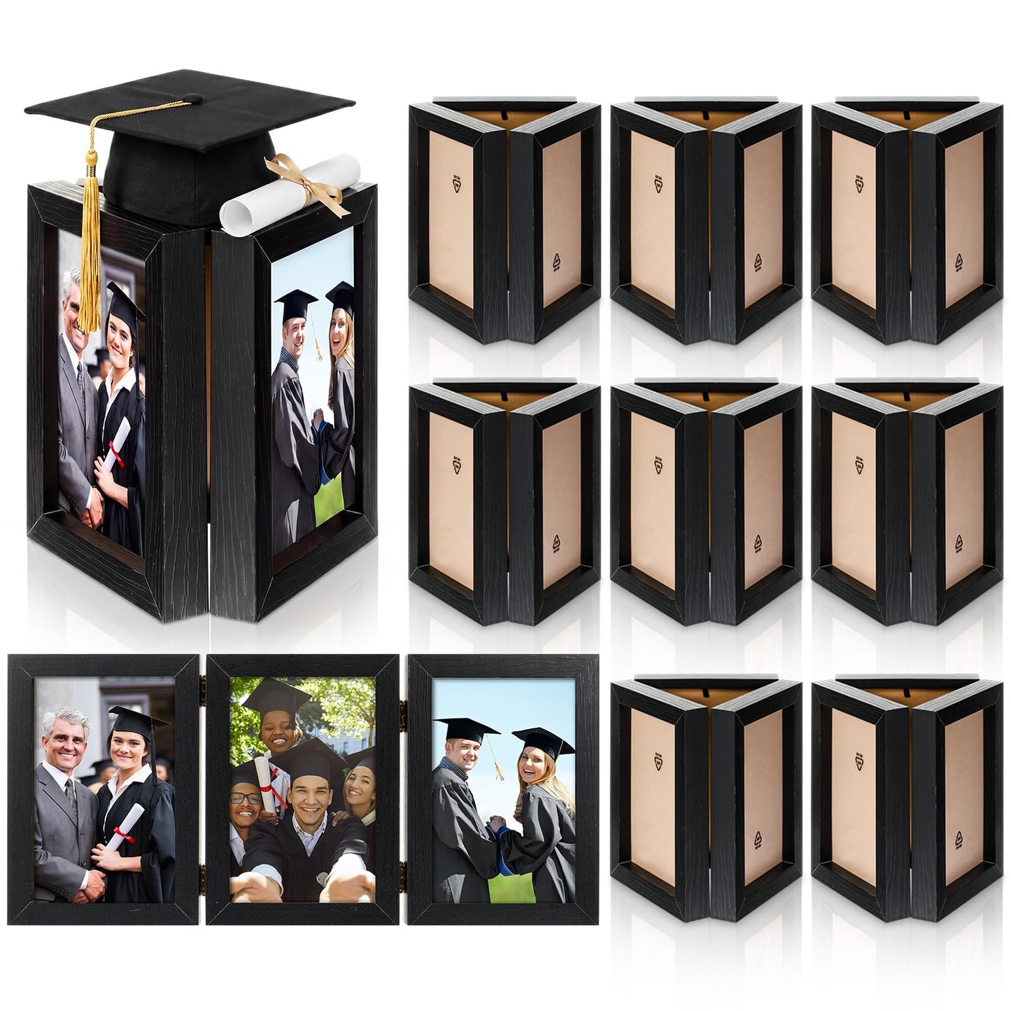 Jetec 8 Pcs Graduation Centerpieces for Tables 4 x 6 Inch Wooden Picture Box Centerpieces Triple Picture Frame Vertical Wood Folding Display Decoration Gift for 2026 Congrats Grad Party Wedding