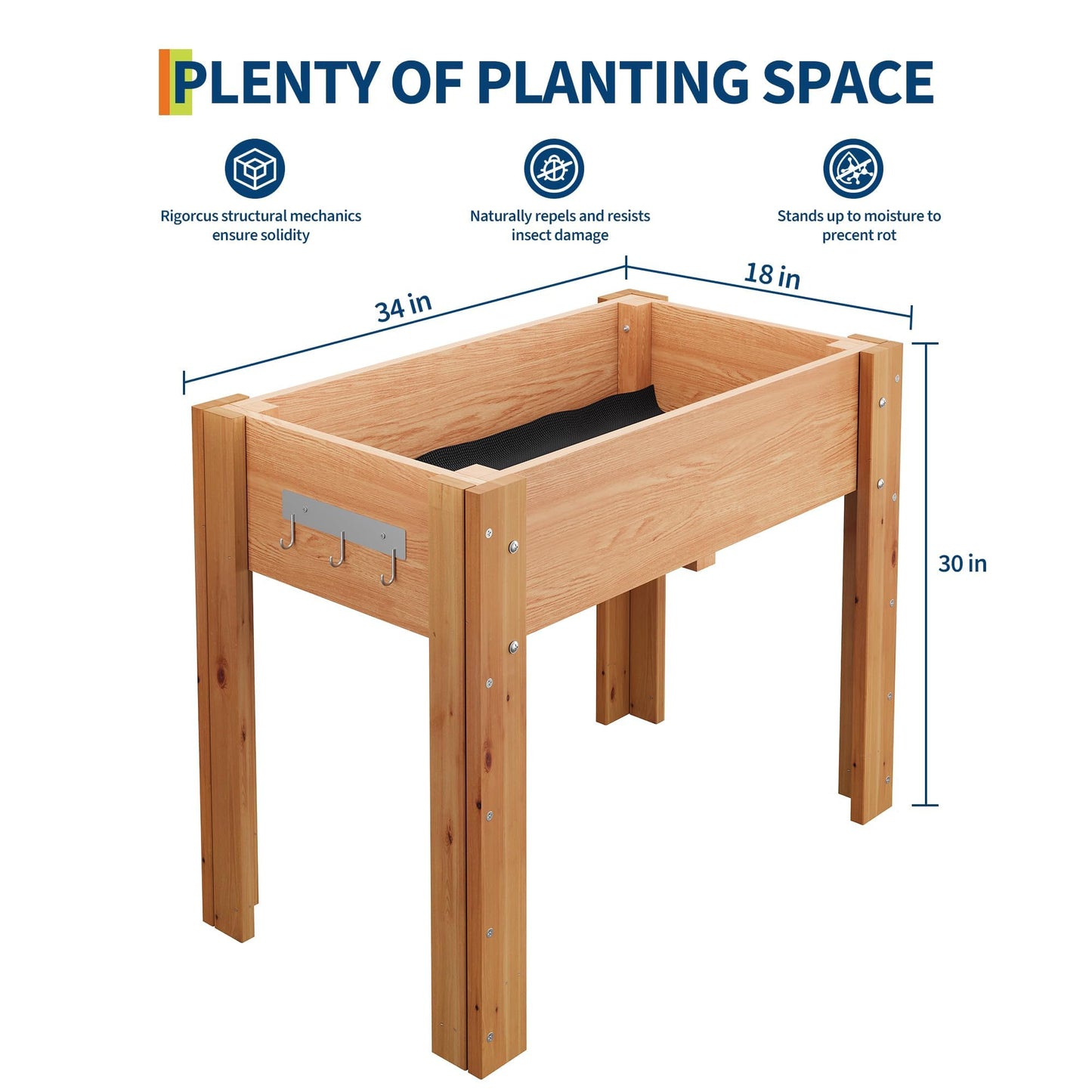 34x18x30IN Wooden Raised Garden Bed with Legs, Elevated Reinforced Large Planter Box for Vegetable Flower Herb Outdoor, Standing Growing Bed for Gardening/Backyard/Patio/Balcony, Liner Included