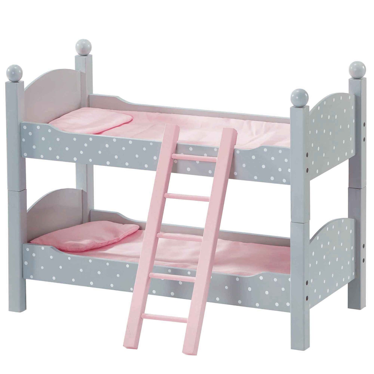 Olivia's Little World 18 in. Doll Wooden Convertible Bunk Bed Stacked on Top or Unstacked as Two Single Beds, Gray with White Polka Dots and Pink Accents