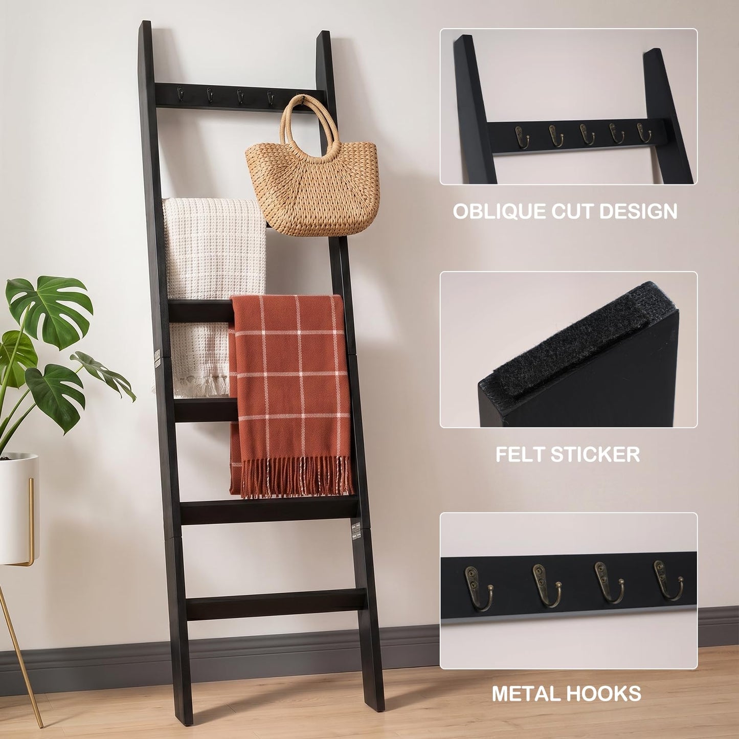 TEAKMAMA 6-Tier Blanket Ladder for Living Room and Bedroom,5.4 Ft Wall Leaning Quilt Rack with Hooks,Rustic Decorative Farmhouse Blanket Storage,Stylish Ladder Holder,Christmas Decorations,Black