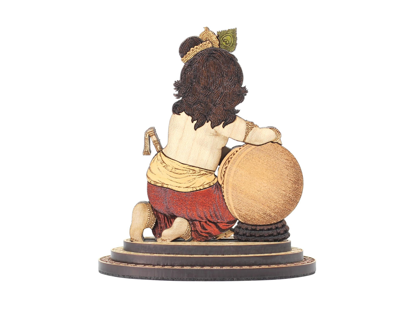 PLEASANTINO - 4 Inch Baby Krishna Makhan Chor Wood Carved Statue in Exotic Hard Woods - Multi Layered Hand Made Wooden Bal Gopal Kahna Idol for Car Dashboard, Home, Office, and Travel