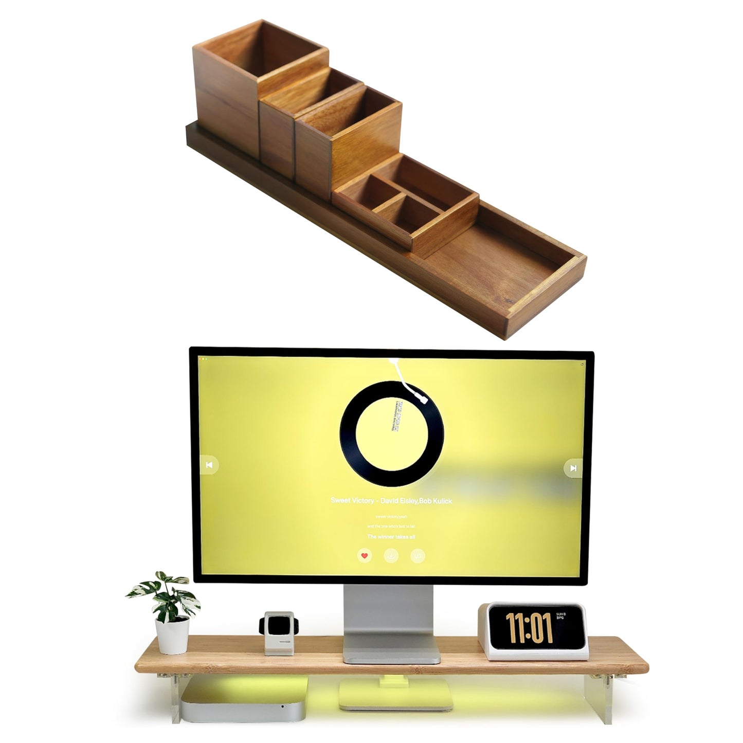 ROCDEER Wood Vanity Tray and Bamboo Dual Monitor Stand Riser with RGB Lights Natural