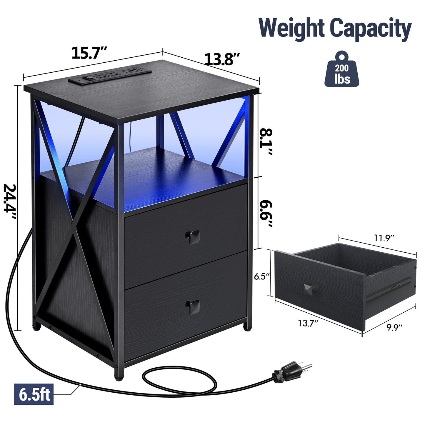 Livofloral LED Nightstands with Charging Station, Black Side Tables with Storage, End Tables with Charging Station, Bedside Table with Wooden Storage Drawers for Bedroom, Side Tables Living Room