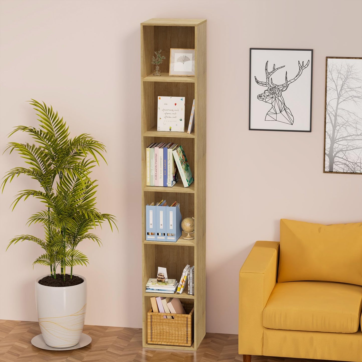 Nestwise 6 Tier Bookshelf, Open Tall Narrow Floor Standing Bookcase, Storage Organizer Bookshelves Freestanding Book Shelf for Living Room, Bedroom, Home Office (Oak, 6 Cube)