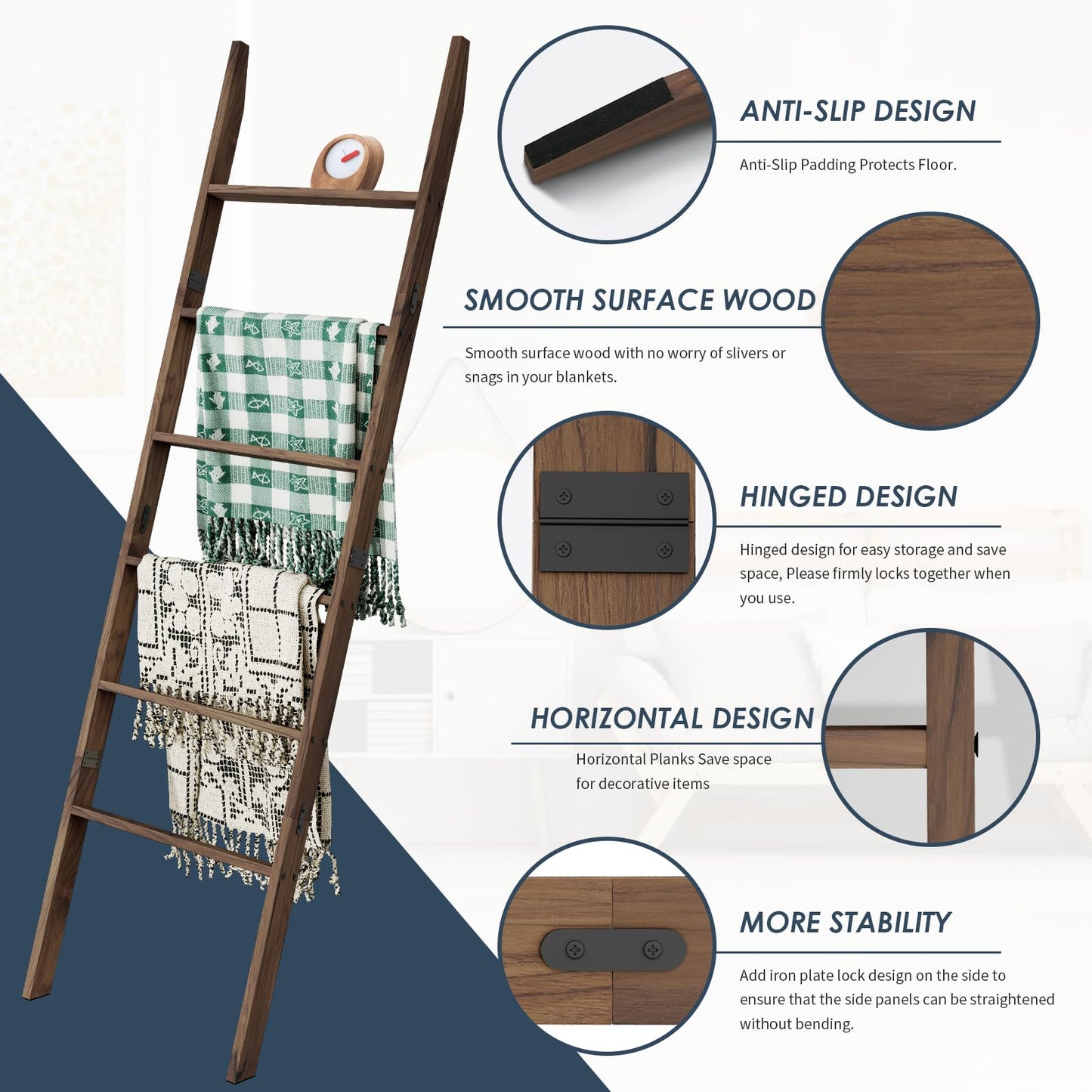Acacia Wood 6-Tier Blanket Ladder, 5.7FT(66.5'') Blanket Quilt Towel Holder Rack Decorative Ladder Wooden, Easy Assembly, Rustic Farmhouse Ladder Shelf for the Living Room Bedroom Bathroom Home Decor