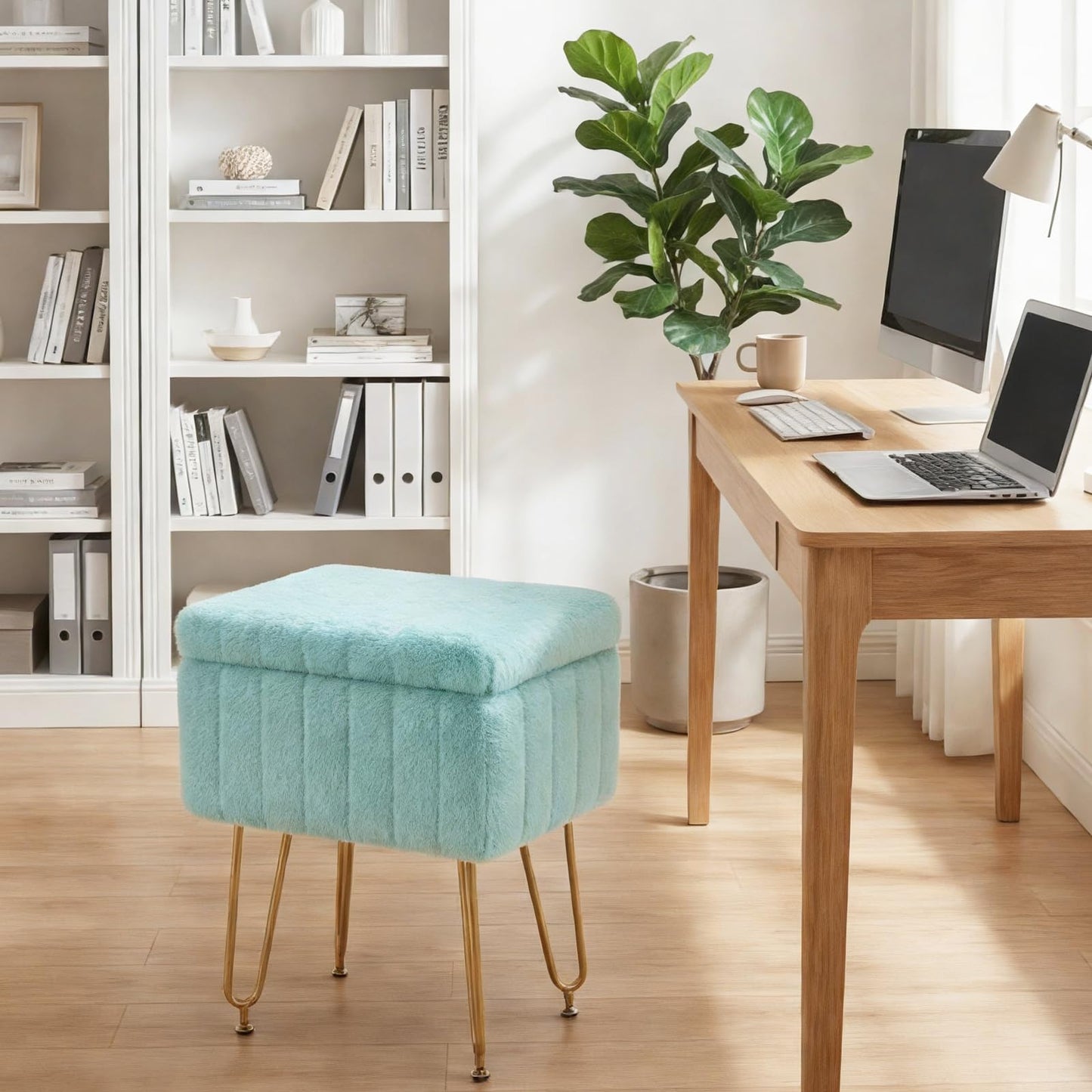 OLIXIS Vanity Stool Chair Faux Fur with Storage, Soft Ottoman 4 Metal Legs with Anti-Slip Feet, Makeup Cute Soft Small Footstool, Modern Style Faux Fur Seat for Makeup, Bedroom Dresser, Mint Green