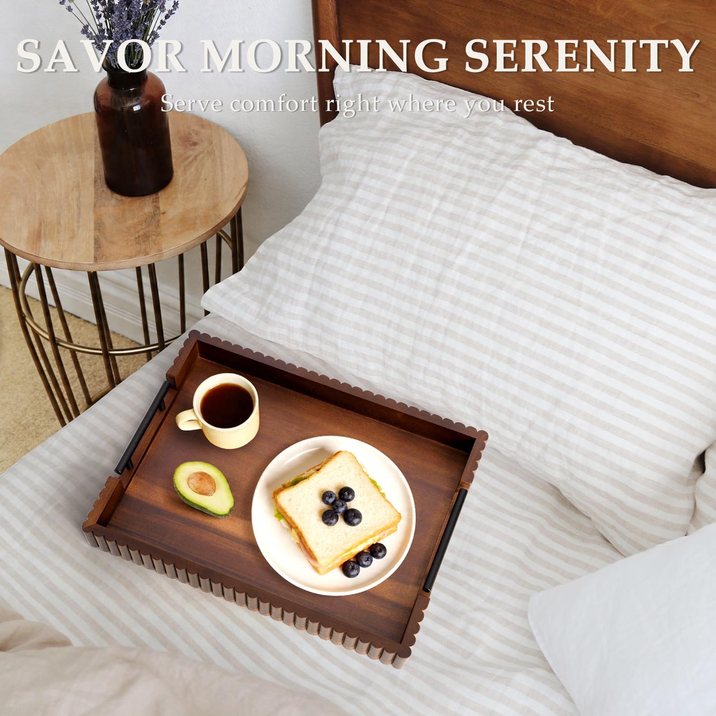 Cathyeen Acacia Wood Decorative Serving Tray with Handles, 16.7" x 12.8" Large Wooden Ottoman Tray for Living Room, Coffee Table Tray Decor for Food, Dinner, Tea or Breakfast in Bed (Walnut)