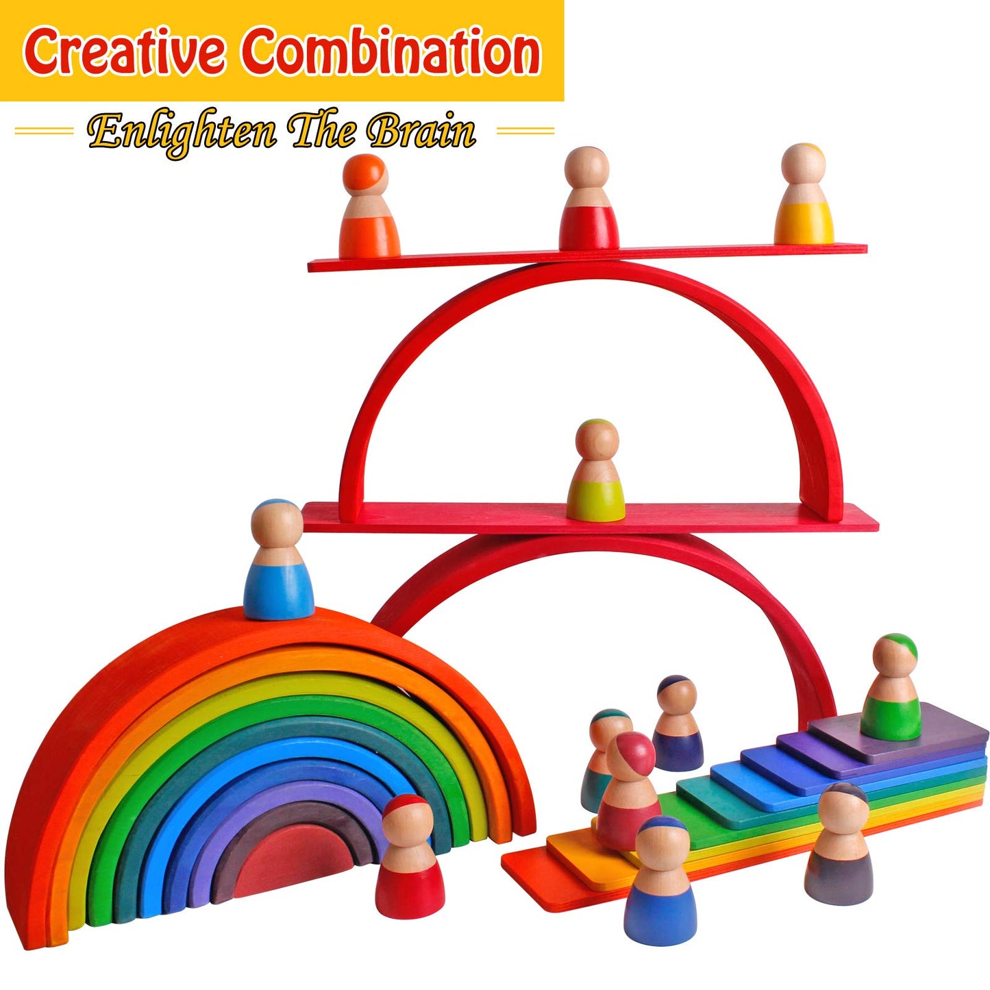 Dinhon 11 PCS Wooden Rainbow Board Oversized Stacking Game Jigsaw Puzzle Building Blocks Children's Baby Toddler Toys 3 Years Old Boys and Girls Toy Gifts
