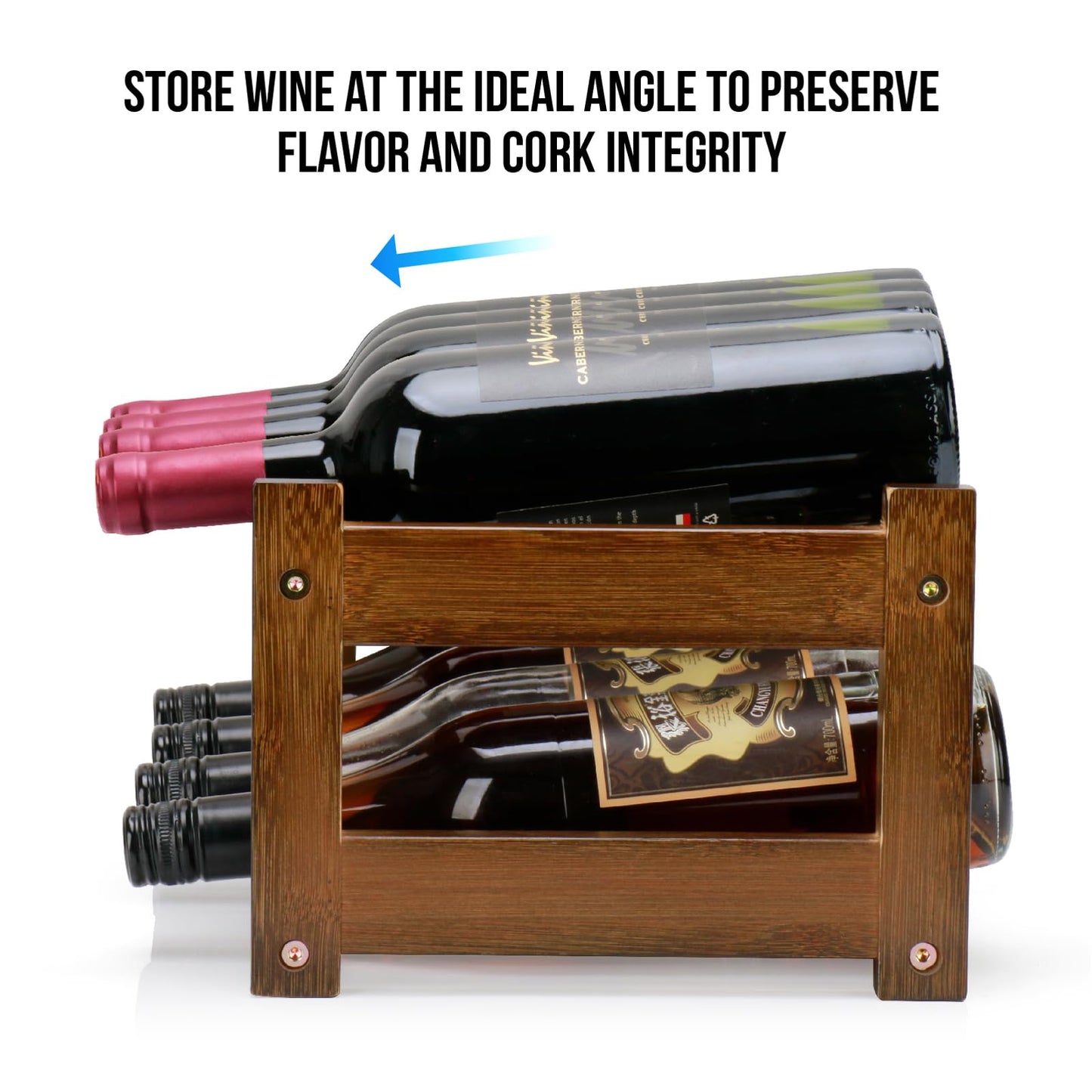 Thalomely Bamboo Wine Rack, 2-Tier 8 Bottles Wine Storage Cabinet Shelf, Easy-Assembly Freestanding Bamboo Wine Racks Countertop for Kitchen Pantry Dining Room Bar, Walnut