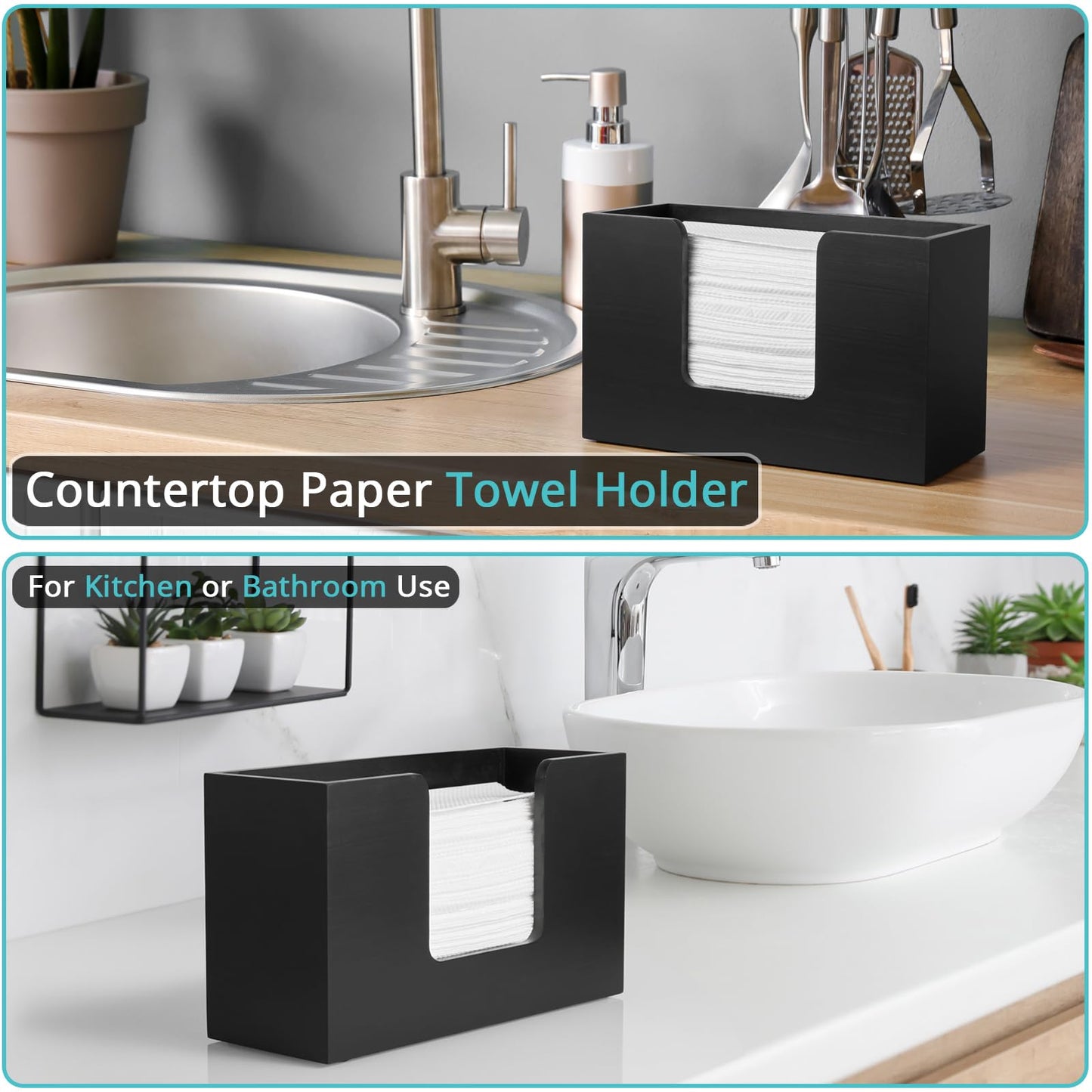 2-Pack Paper Towel Dispenser Countertop, Wooden Bathroom Paper Towel Holder, Black Napkin Holder for Kitchen, Countertop Multifold C-Fold, Z-Fold, Trifold Paper Hand Towel Dispenser for Toilet