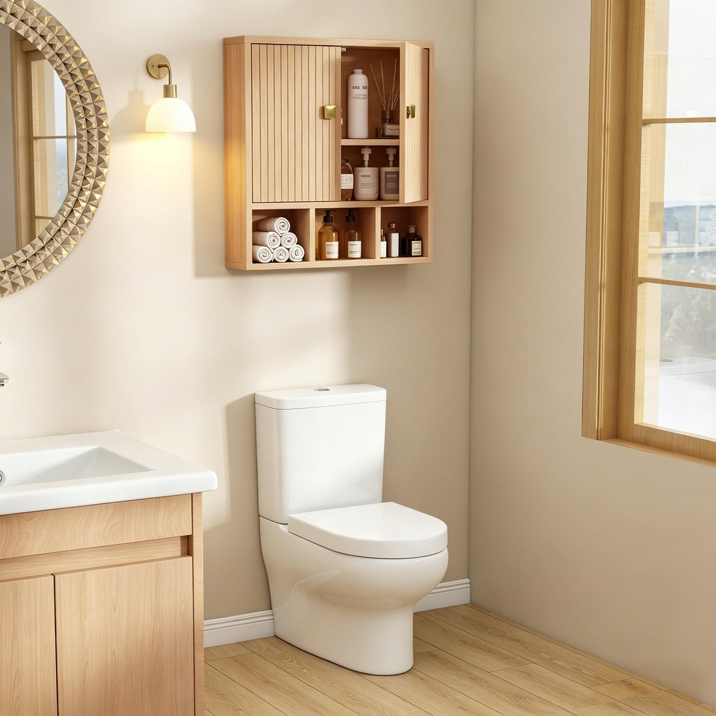 Tltaroni Bathroom Wall Cabinet,Wooden Medicine Cabinet with Fluted Doors Over The Toilet Storage Cabinet with Adjustable Shelf for Bathroom,Wood