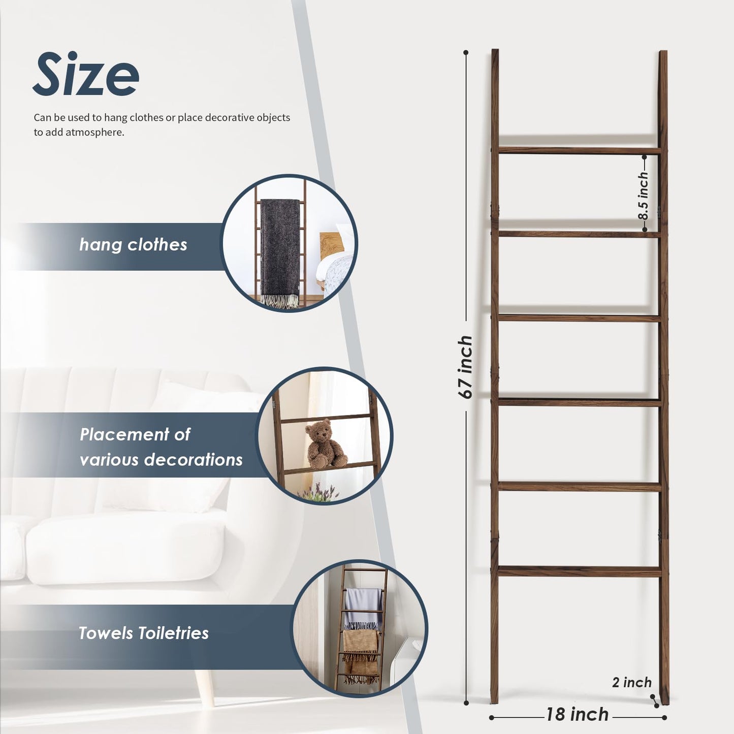 Acacia Wood 6-Tier Blanket Ladder, 5.7FT(66.5'') Blanket Quilt Towel Holder Rack Decorative Ladder Wooden, Easy Assembly, Rustic Farmhouse Ladder Shelf for the Living Room Bedroom Bathroom Home Decor