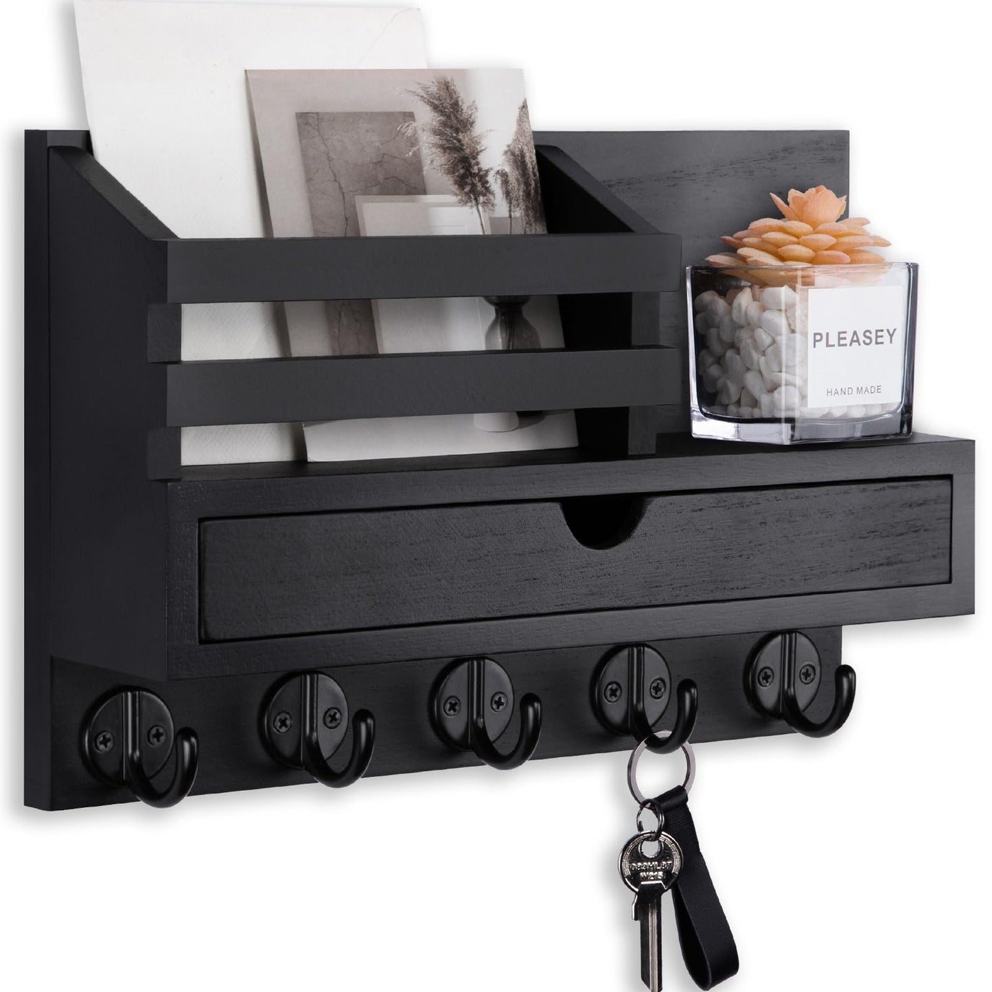 Lucundm Key Holder Wall Mount, Mail Holder with Storage Drawer and 5 Key Hooks for Coat, Dog Leash, Home Decor Rack, House Accessories, Entry Way Organizer