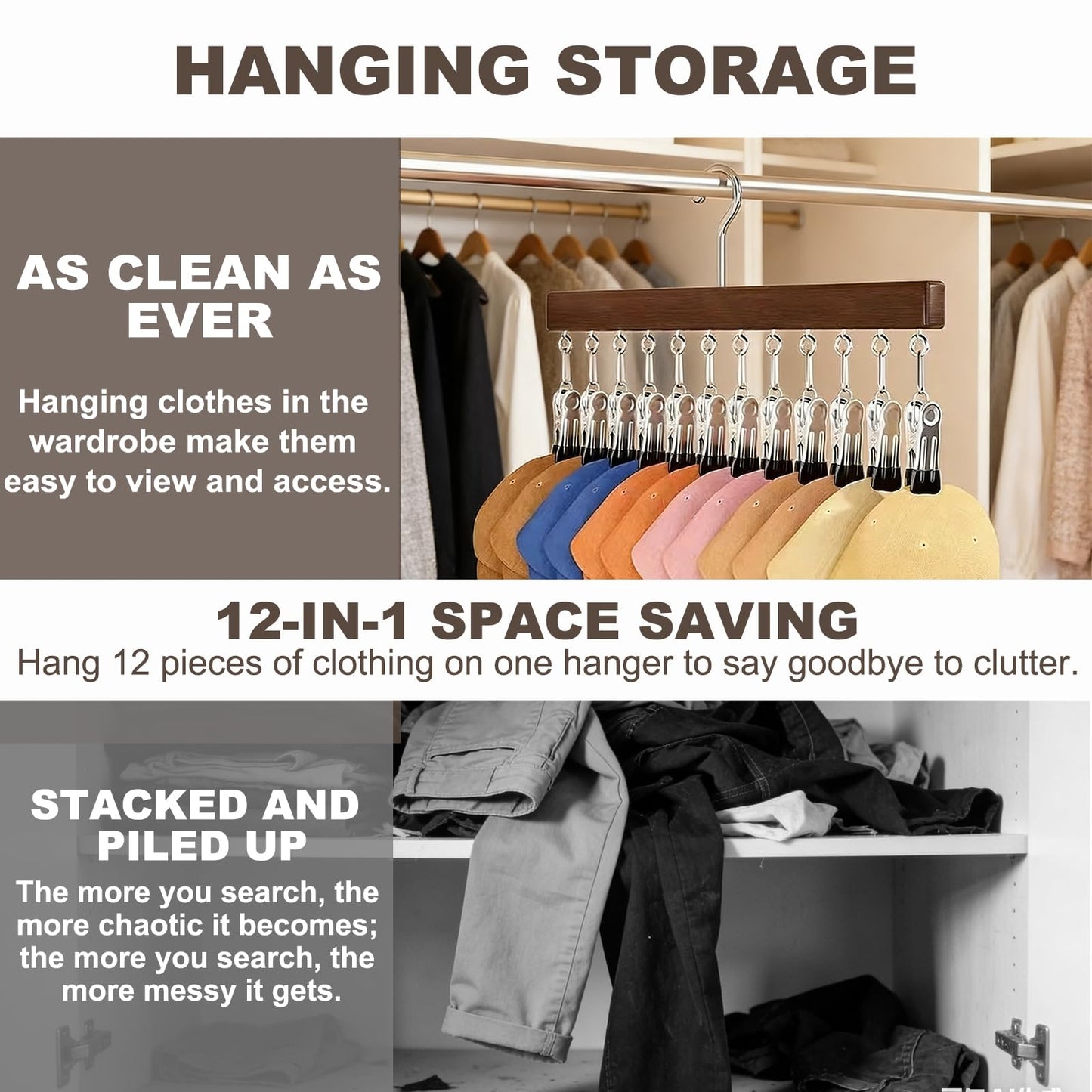 Shgxjjnb Wooden Rotating Pants Hanger, Closet Organizer with 12 Clips, Space Saving Hanging Clothes Legging Wardrobe Organizer for Jeans, Hats, Shorts, Socks (Brown+Nature, 2Pack)