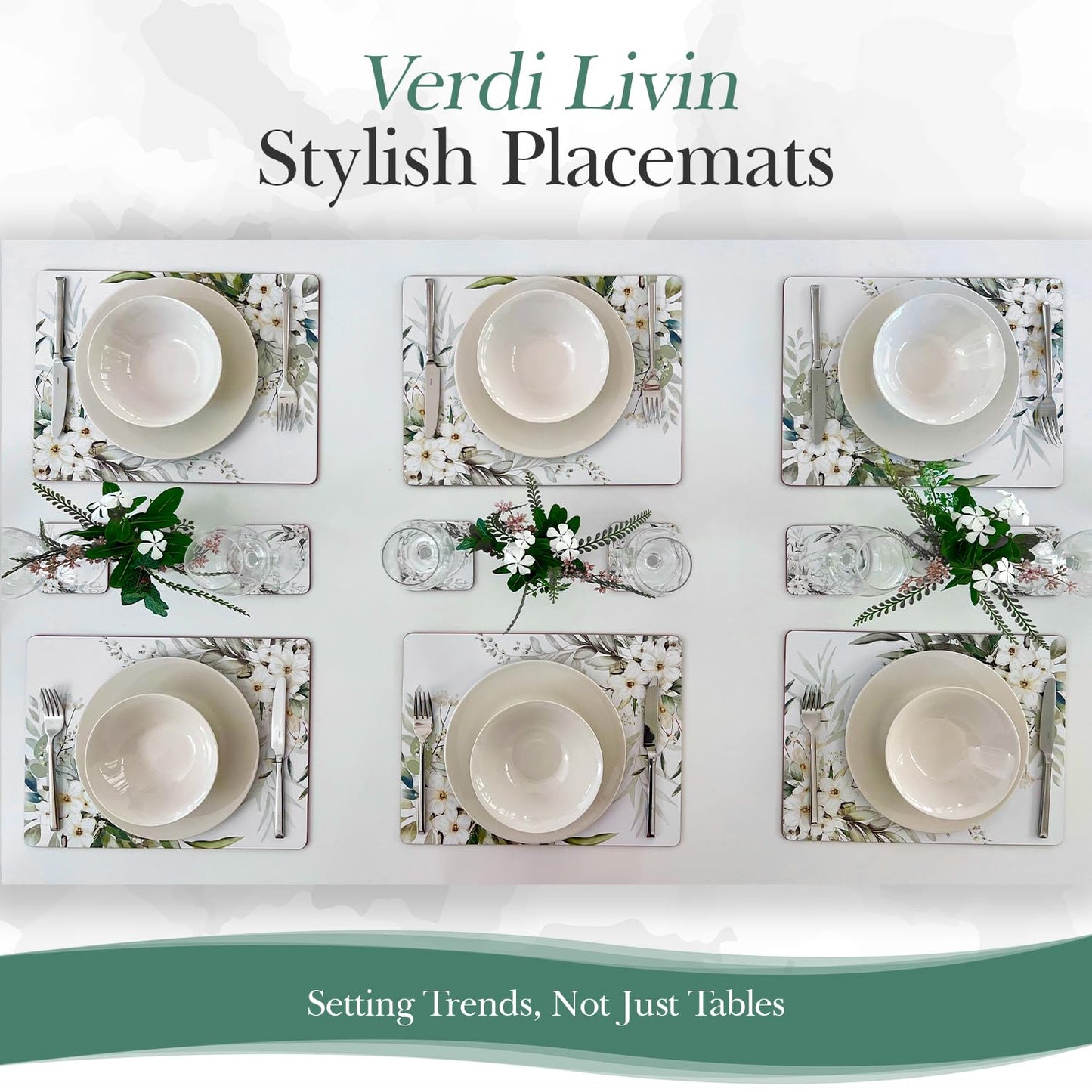 Verdi Livin Cork Placemats Set of 6 Matching Coasters I Heat Resistant Place Mats for Dining Table 16" x 12", Cork Backed, Wipeable White Lily Design