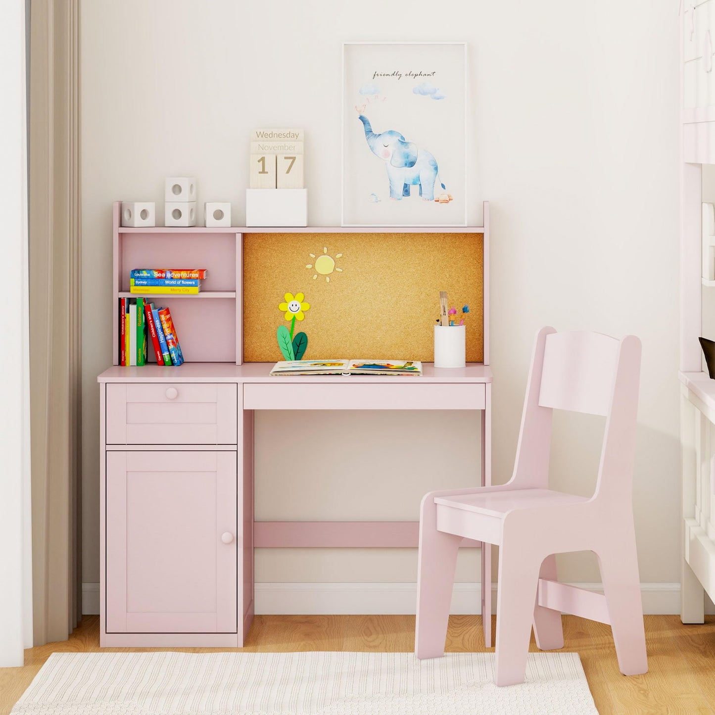 FTZxHKLX Kids Study Desk with Chair, Children Study Table and Chairs for 5-12 Years Old, Wooden Kids Desk and Chair Set with Hutch and Storage Cabinet for Bedroom, Study Room, Pink