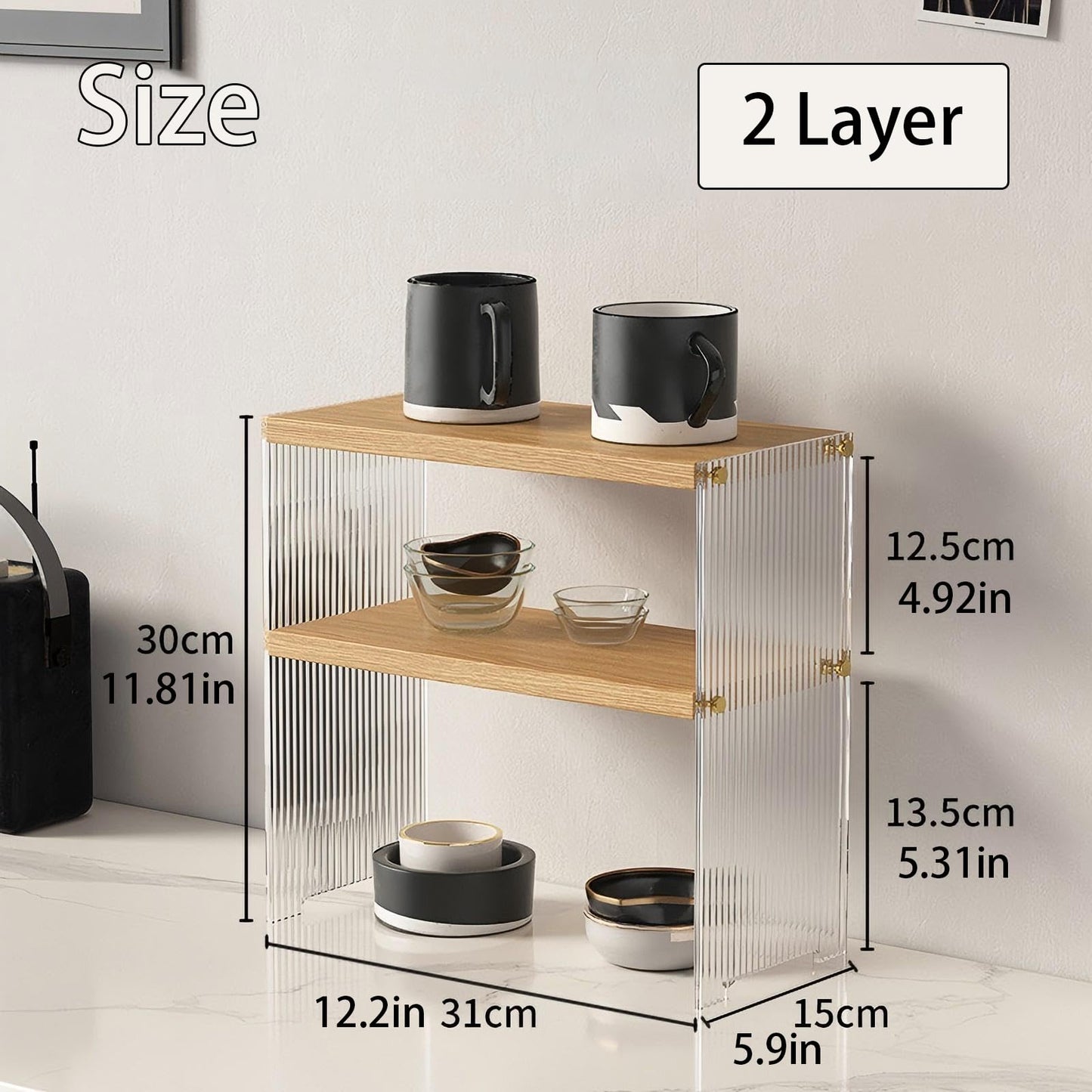 Coffee Station Acrylic Organizer - Wooden Desktop Storage Shelf for Office, Kitchen & Living Room, Multi-Layer Coffee Cup Holder & Condiment Rack, Acrylic Display Shelf for Mugs, Books (2 Tier)
