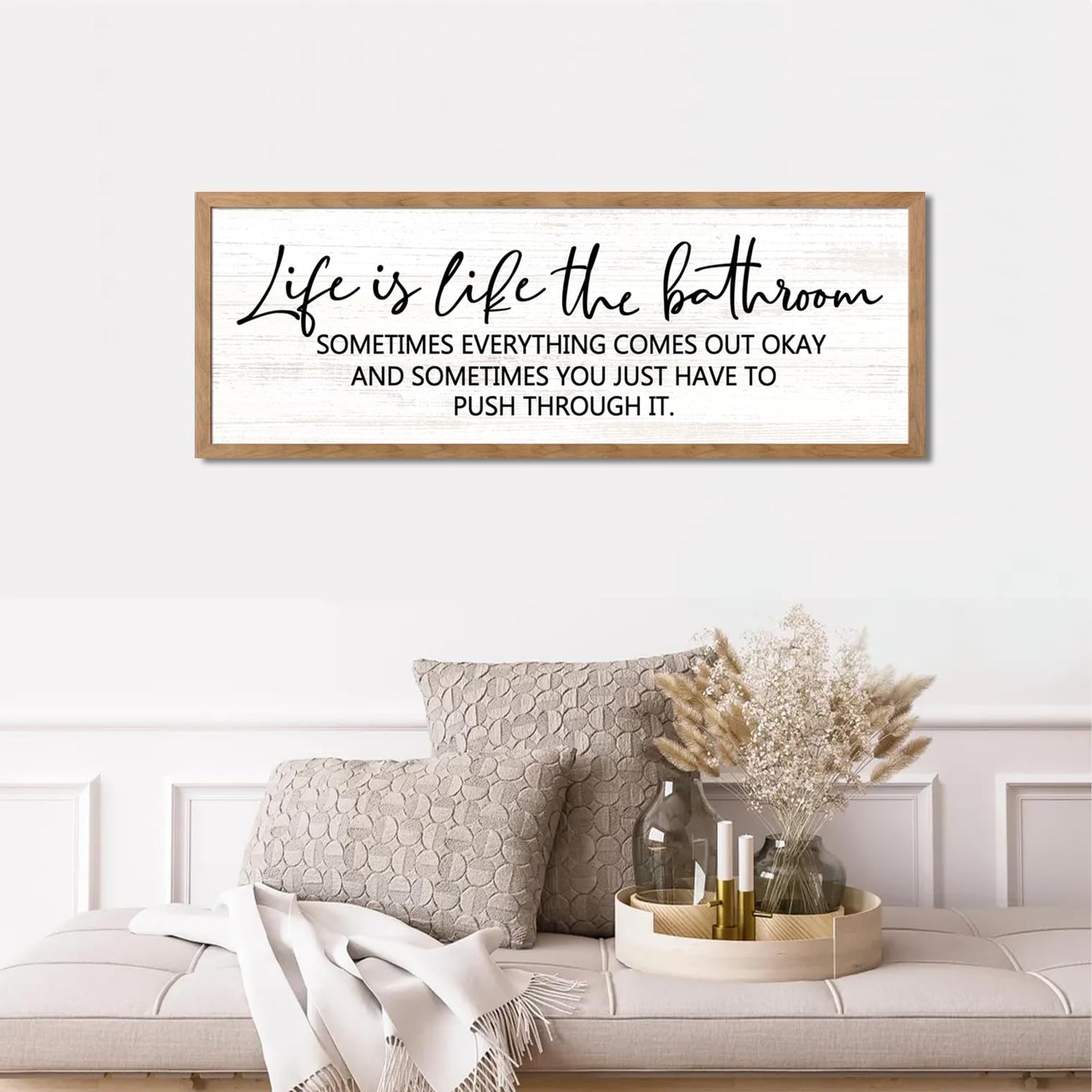 Cpcdaosk Life is Like the Bathroom Wooden Sign Framed Wall Art, 32''×12'' Horizontal Inspirational Quote Wood Plaque above the Bathtub, Farmhouse Long Motivational Saying Wood Sign Wall Decor for Bathhouse (Life is Like the Bathroom, Natural, 32"x12")