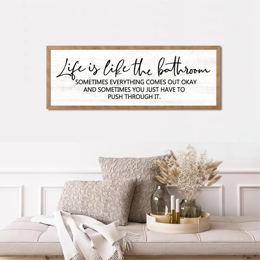 Cpcdaosk Life is Like the Bathroom Wooden Sign Framed Wall Art, 32''×12'' Horizontal Inspirational Quote Wood Plaque above the Bathtub, Farmhouse Long Motivational Saying Wood Sign Wall Decor for Bathhouse (Life is Like the Bathroom, Natural, 32"x12")