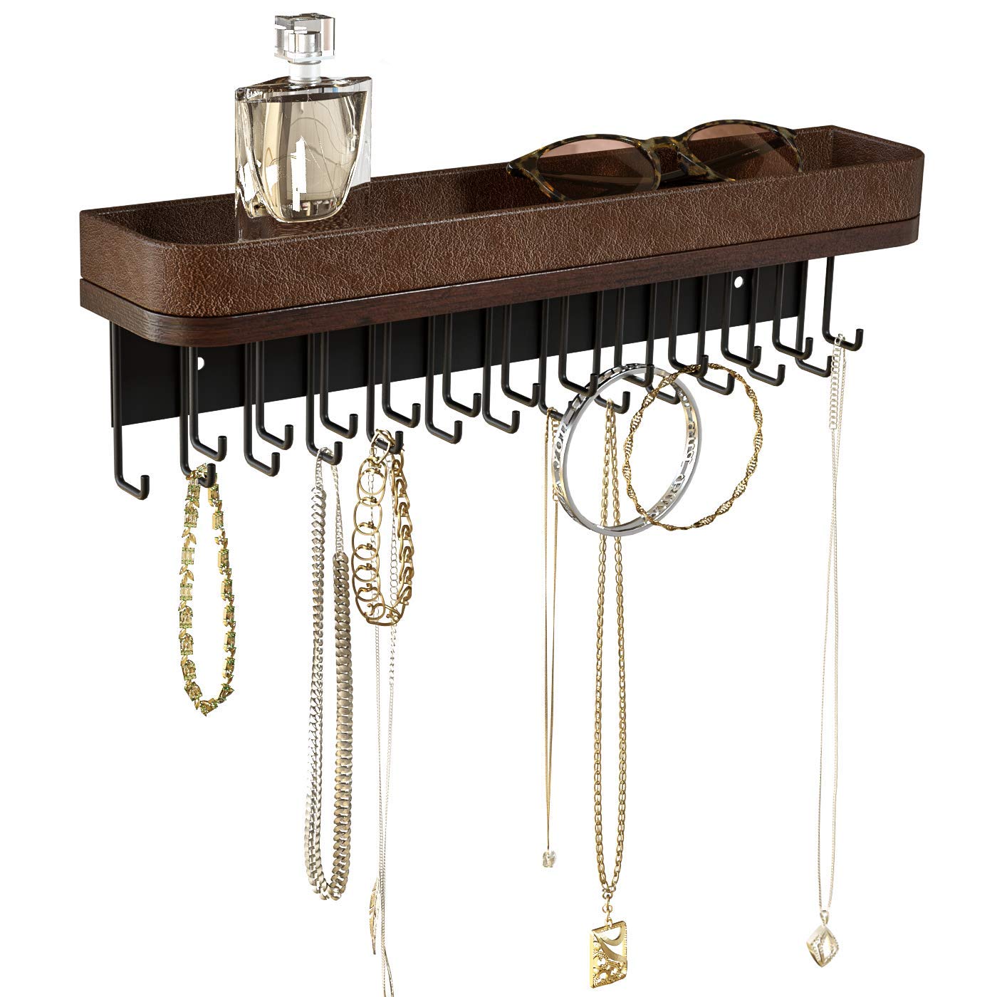 J JACKCUBE DESIGN Necklace Holder Wall Mounted Jewelry Organizer for Bracelet, Earrings and Rings with 25 Hooks - Room Decor Bedroom Boho Shelf Rack (Brown) - MK124A