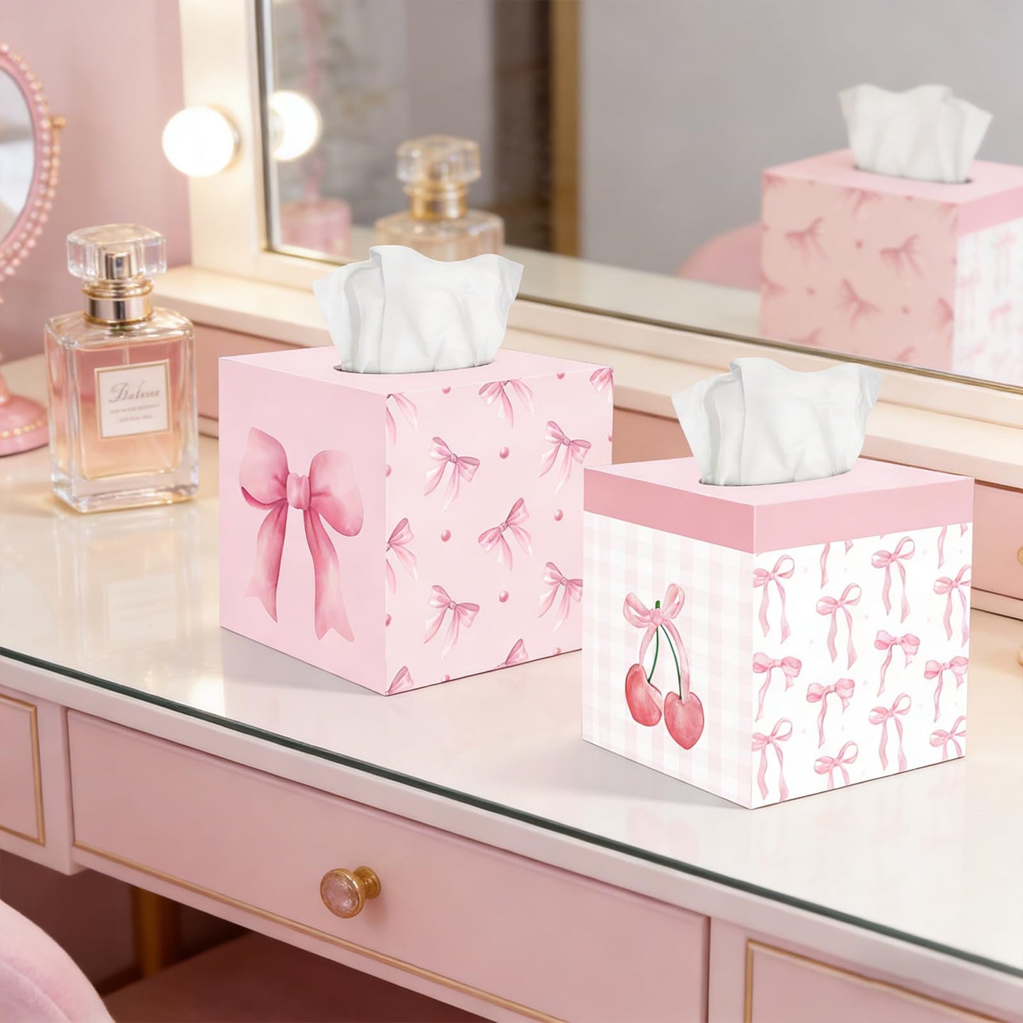 2 Pcs Pink Bow Tissue Box Cover 5.9 x 5.9 x 5.9 Inch Wooden Coquette Bow Decorative Tissue Box Holder Square Paper Towel Holder Cube Boxes Funny Cube Case for Home Pink Party Decorations Supplies