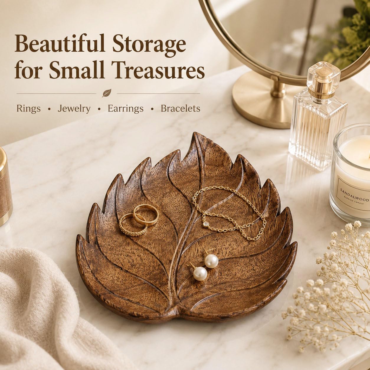 Wooden Leaf Tray, Leaf Shaped Trinket Dish for Keys, Jewelry, Crystals, Candles, Rustic Decorative Tray for Entryway, Nightstand, Vanity, Coffee Table, Fall Home Decor