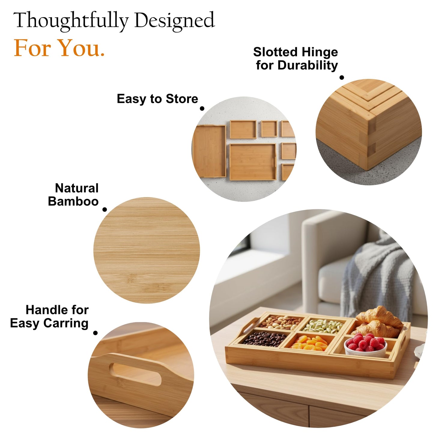 MAPLE MILL - Wooden Tray with Handle - Set of 7 Bamboo Trays for Serving Food - for Breakfast in Bedroom, at Dinner or Coffee Table - Decorative Bamboo Tray