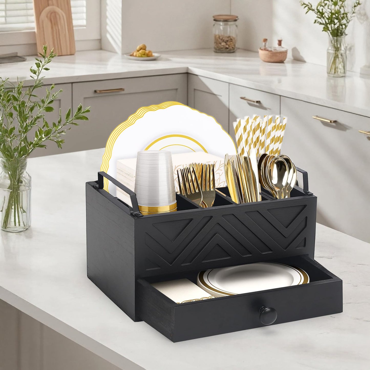 Aikosell Paper Plate Dispenser with Drawer, country style Wood Kitchen Counter, Picnic, Party, Camping - Caddy Organizer for Cups, Spoons, Forks, Plates, office supplies, Napkins & Silverware（Black）