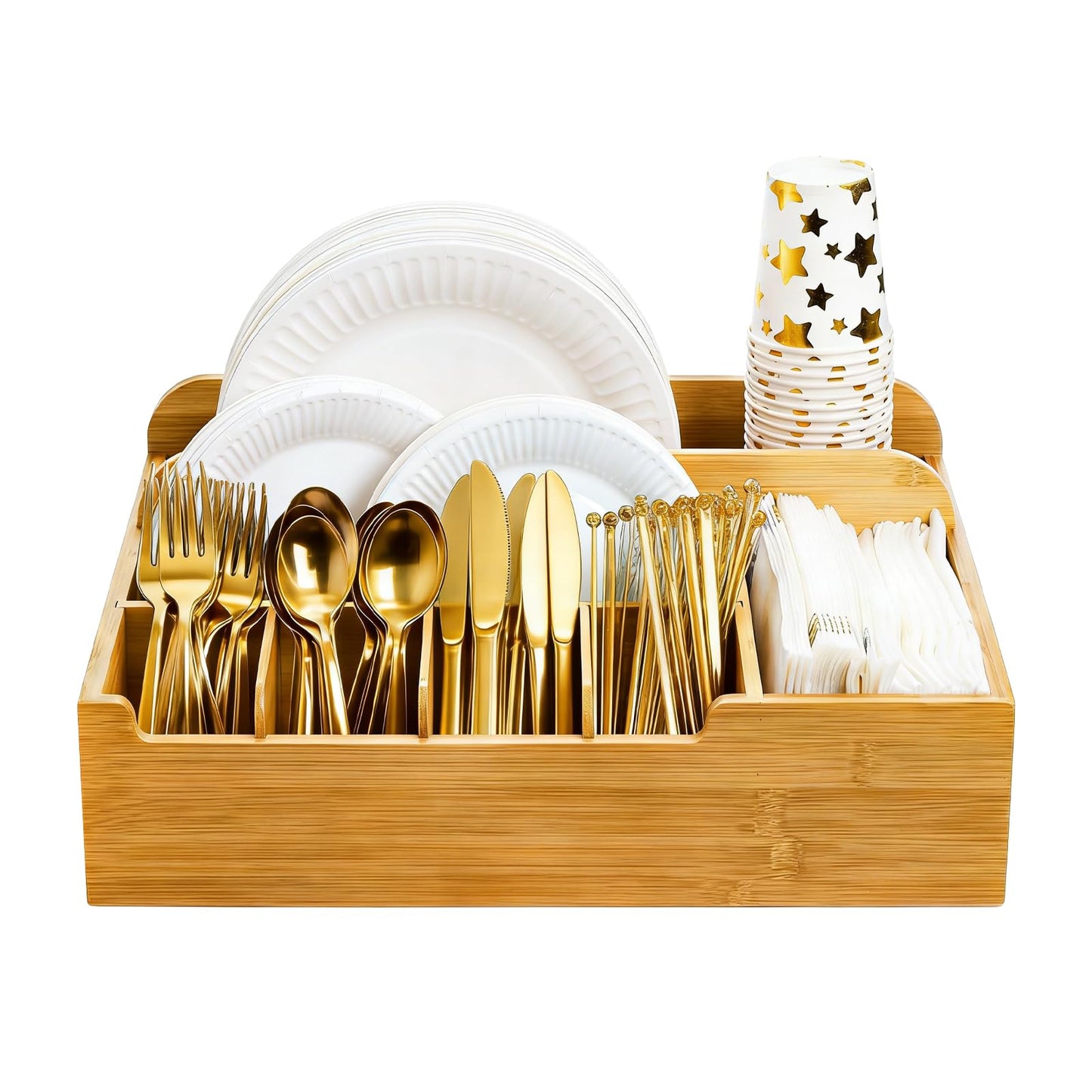 Frcctre Bamboo Utensil Caddy Organizer, 8 Compartments Large Paper Plate Holder, Adjustable Utensil Holder Silverware Cutlery Organizer for Plate Cup Fork Spoon Napkin, 16" L x 13" W x 5.5" H