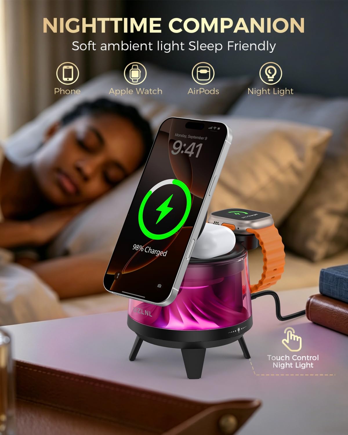 UZLNL 3 in 1 Wireless Charging Station for Apple Devices,Mag-Safe Charger Stand,Magnetic Wireless Charger Station,RGB Ambient Light,for iPhone 17 Pro Max 16 15 14 13 12,AirPods & Apple Watch Series