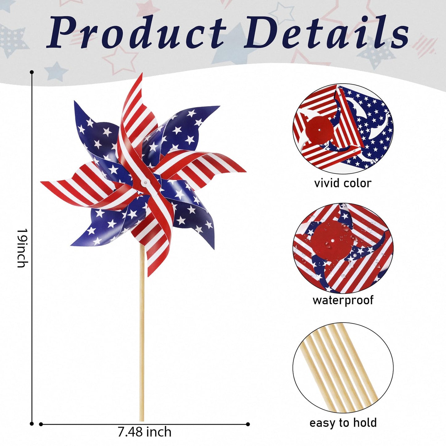 HOOSUN 4th of July Decorations,12Pcs American Flag Patriotic Pinwheels for Yard and Garden,Fourth of July Pinwheels Patriotic Memorial Day Decorations,Garden Wind Spinners,Pinwheel for Kids,Lawn,Patio