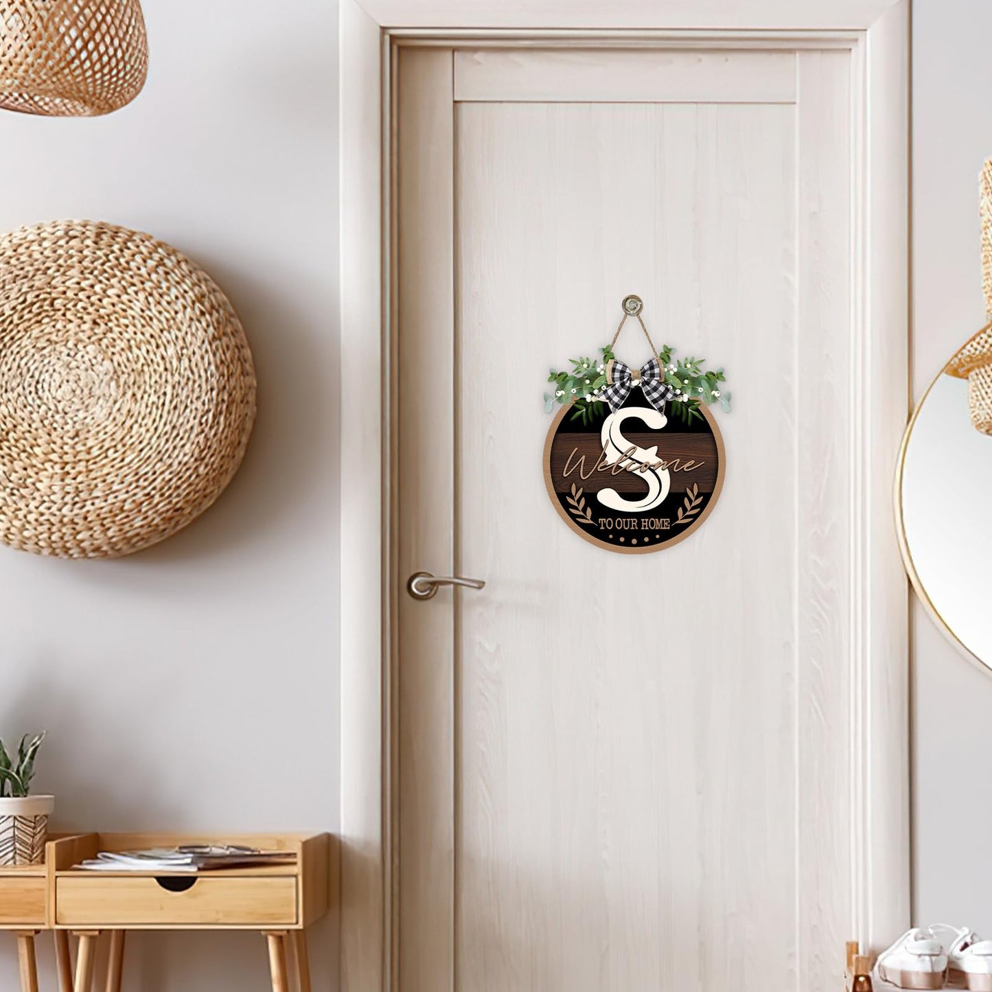Bolisom Monogram Letter S Front Door Sign, Welcome to Our Home Family Last Name Initial Wooden Hanger Decor Housewarming Wedding Gifts, Farmhouse Rustic Wreath Indoor Wall Hanging Decoration with Bow