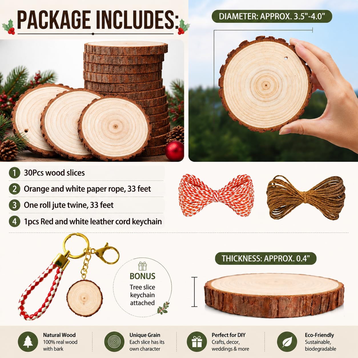 SENMUT Wood Slices 30 Pcs 3.5-4.0 inch Natural Rounds Unfinished Wooden Circles Christmas Wood Ornaments for Crafts Wood Kit Predrilled with Hole Wood Coasters, Craft Supplies for DIY and Painting