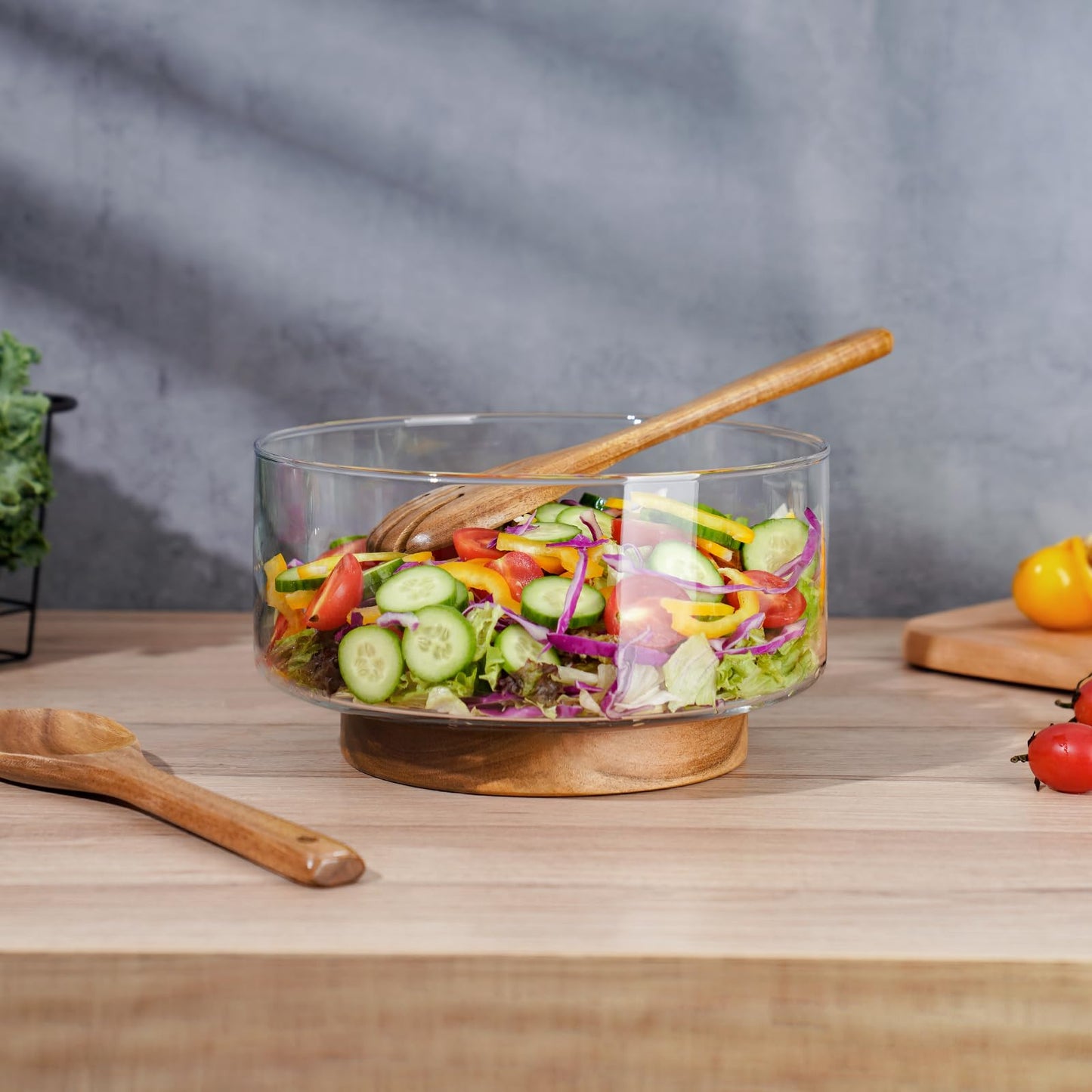 NiHome Glass Salad Bowl with Acacia Wood Salad Tongs, Large Capacity Design with Enhanced Stability, Versatile Serving Dish for Salads, Fruits, Ideal for Gatherings & Daily Family Dining