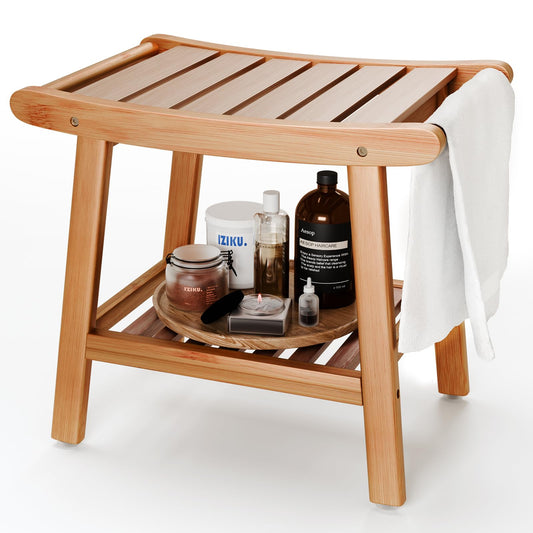 Bamboo Shower Bench for Inside Shower to Sit on,Waterproof Shower Stool for Shaving Legs,Spa Bathroom Shower Chair with Storage Shelf, Bathroom Bench Seat-Natural Bamboo