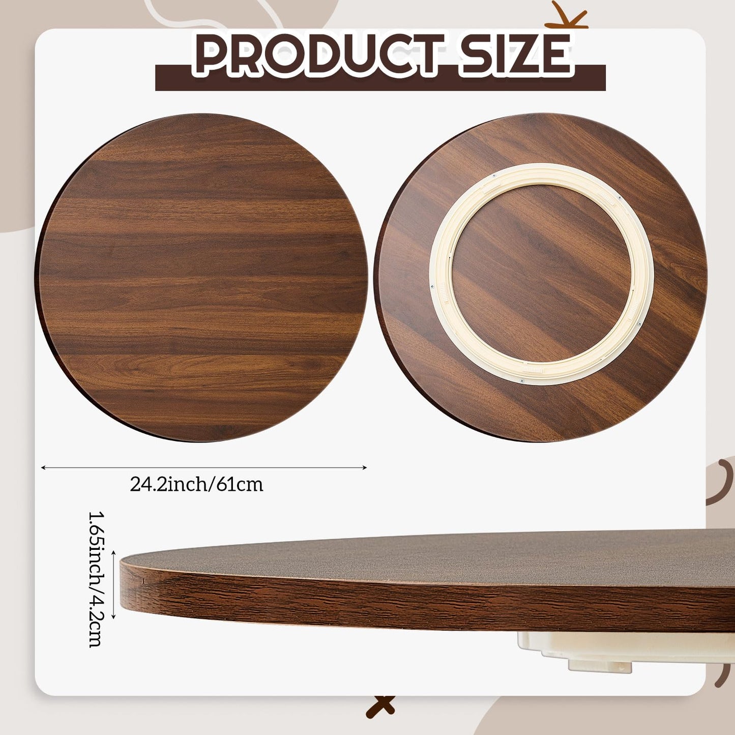 Briwooody 24" Black Walnut Wood Lazy Susan for Table Top, Large Turntable Rotating Serving Tray for Counter Top Solid Wooden Round Lazy Susan Organizer for Kitchen Spinning Food Server Centerpieces