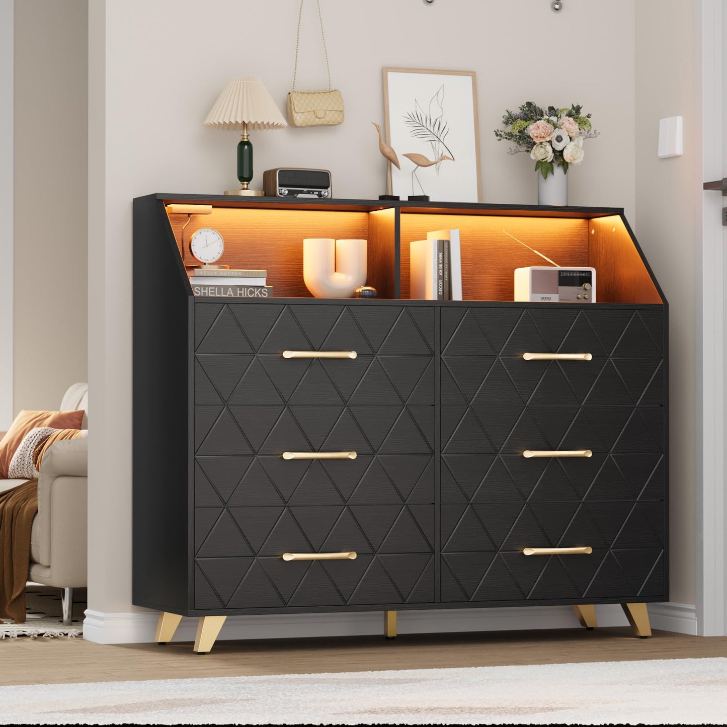 GarveeLife Modern 6 Drawer Dresser with LED Lights & Charging Station - Spacious Wooden Storage Cabinet - Sturdy Metal Legs - Ideal for Bedroom, Living Room, Hallway, Entryway - Color: Black