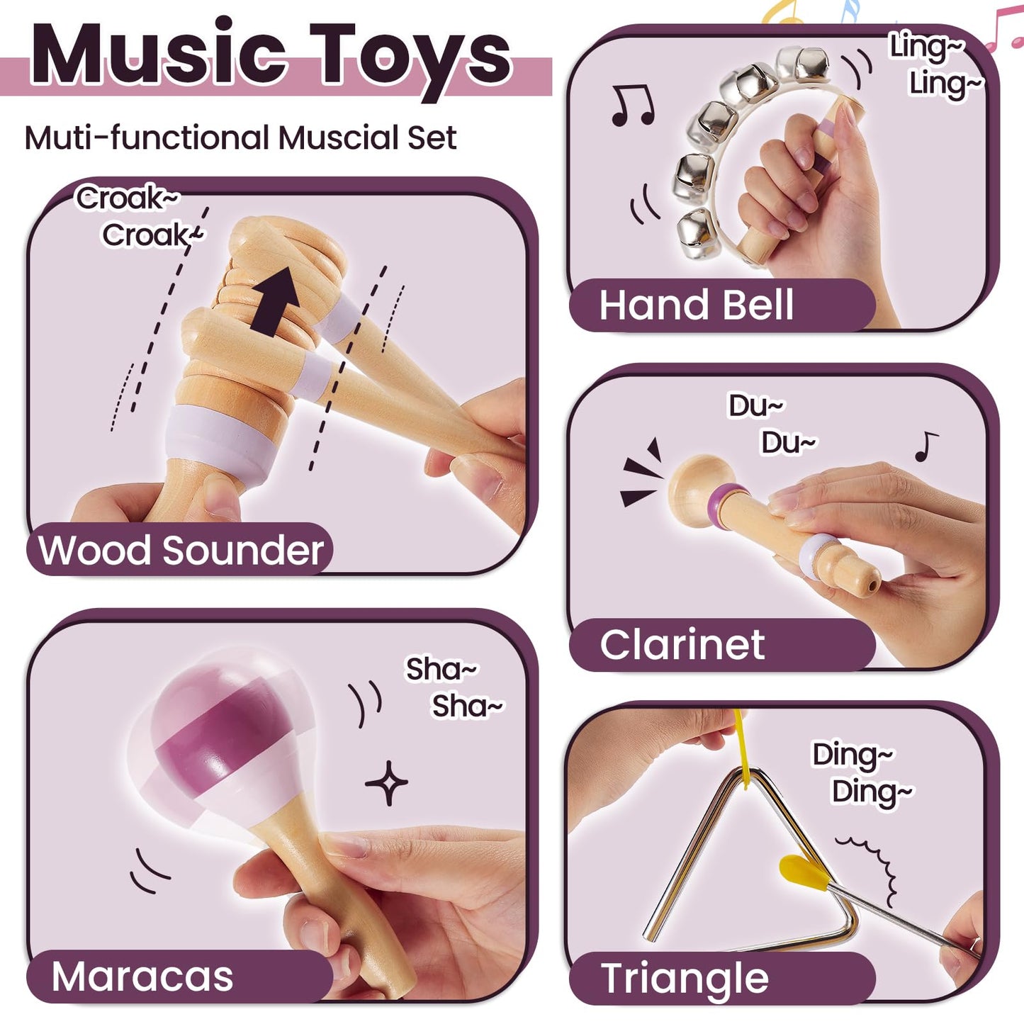 BUYGER Wooden Musical Instruments for Toddler 1-3, Baby Montessori Percussion Instruments Toys Music Educational Birthday Gifts for Ages 1 2 3 4 5+ Years Old Preschool Kids Boys Girls