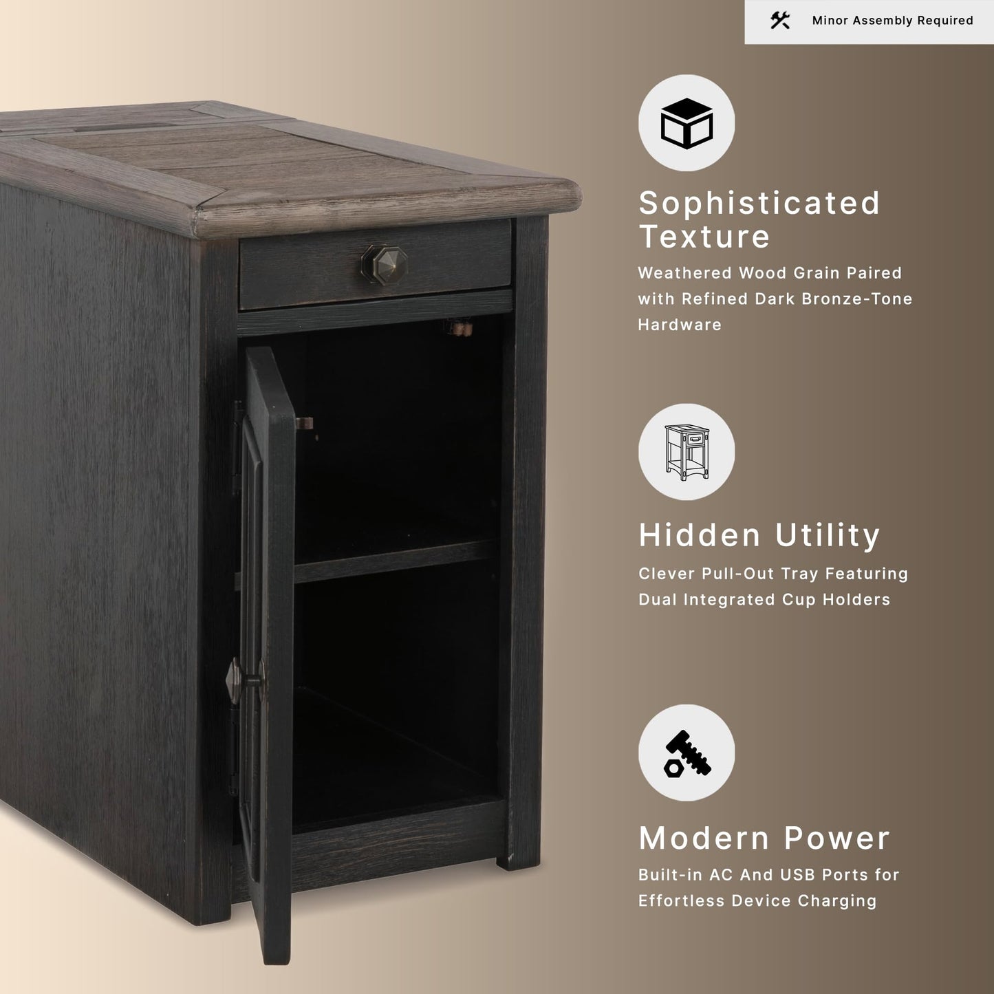 Signature Design by Ashley Tyler Creek Rustic Chair Side End Table with Pull-Out Tray & USB Ports, Brown