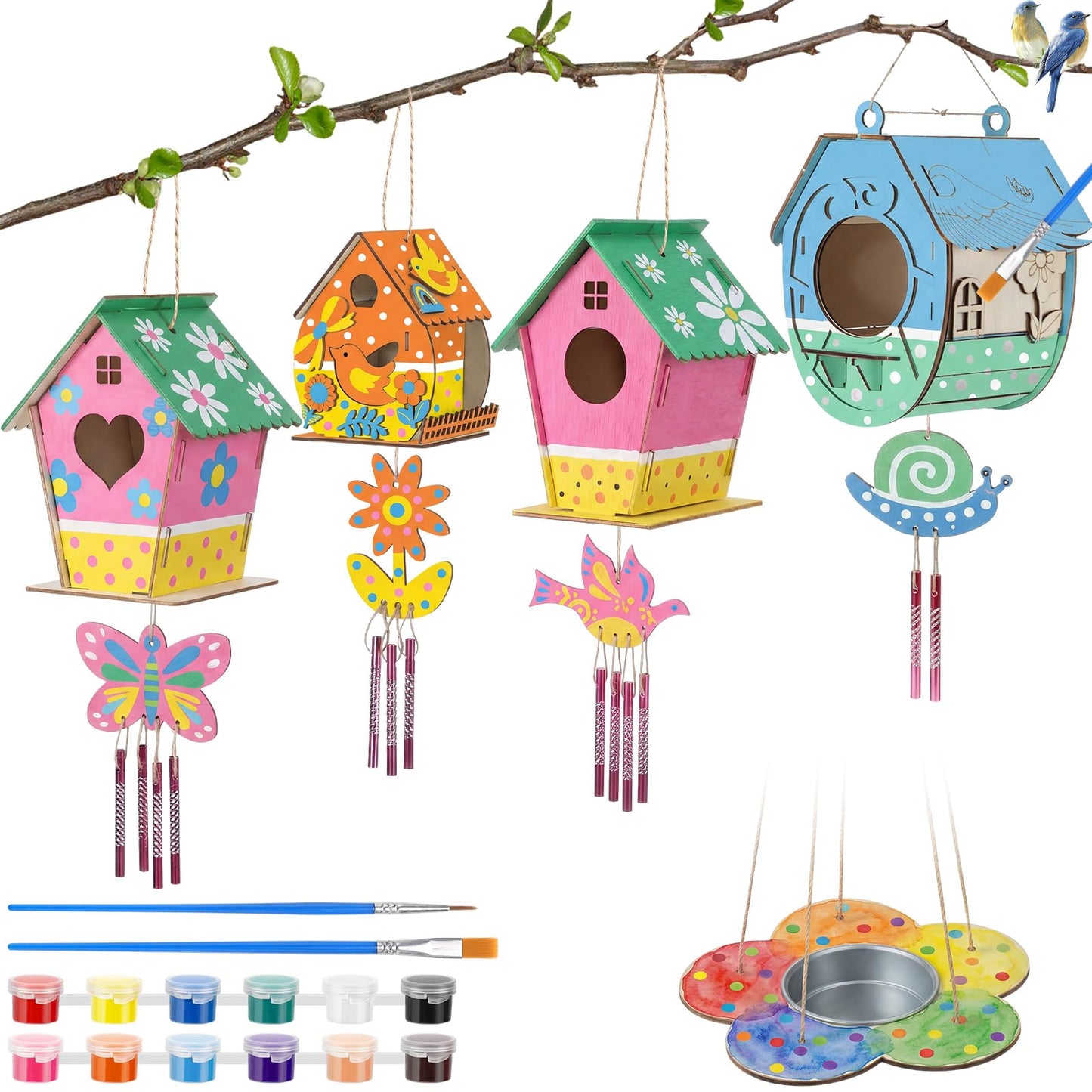 Sliner 4 Sets DIY Bird House Wind Chime Kit with Bird Feeder Build and Paint Unfinished Wood Birdhouses with Paints and Paintbrushes Art and Craft Kit for Party Favors Birthday Gifts