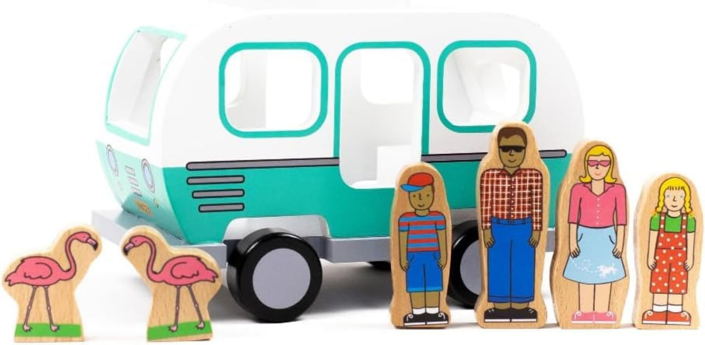 Jack Rabbit Creations 7-Piece Magnetic Glamper Camper Van – Family of 4 & Pink Flamingos – FSC Wood, Non-Toxic – Camping Toy, Imaginative Play – Toddler Gift, Ages 3+