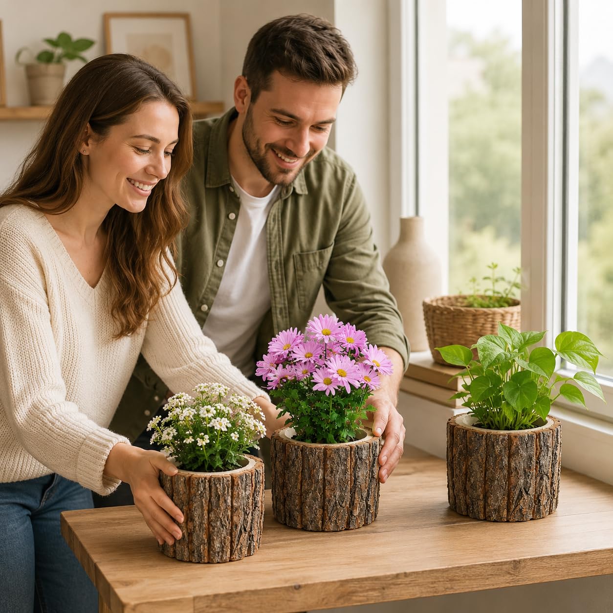 Garneck 3 Pcs Wooden Flower Pots Wood Bark Planters Rustic Tree Stump Containers: Small Natural Log Barrel Buckets for Indoor Outdoor Plants Succulents Home Garden Decor